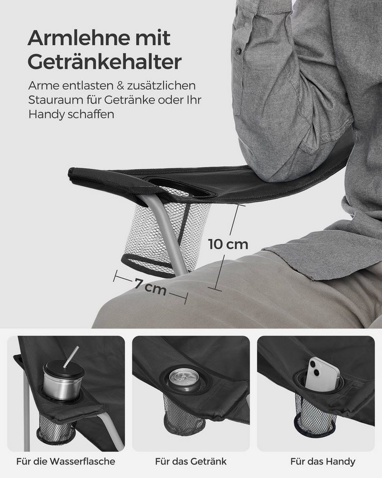 SONGMICS Campingstuhl Klappstuhl für Outdoor, Angelstuhl mit Armlehnen und Getränkehalter, 2er Set, tragbar, klappbar, bis 120 kg belastbar, für Camping, Garten