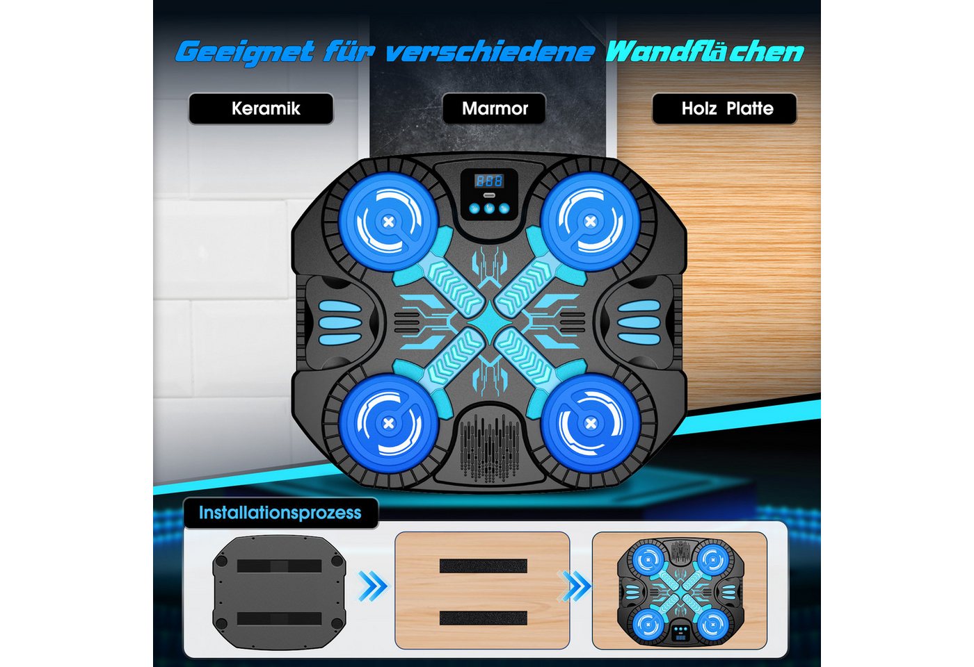 Wootoy Boxsack Boxmaschine Bluetooth Boxspielzeug Kinder Trainingsspiel Boxhandschuhe (mit 3 Spielmodi: Freies Training, Challenge und Memory, 1-tlg., Wandmontage ohne Bohren dank Klettstreifen), mit Bluetooth-Musik und LED-Lichteffekte sorgen