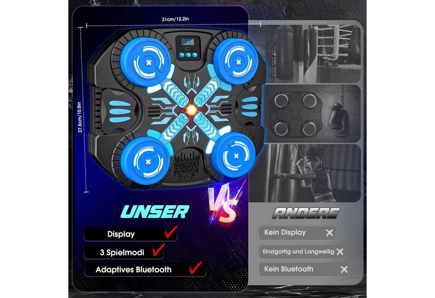 Wootoy Boxsack Boxmaschine Bluetooth Boxspielzeug Kinder Trainingsspiel Boxhandschuhe (mit 3 Spielmodi: Freies Training, Challenge und Memory, 1-tlg., Wandmontage ohne Bohren dank Klettstreifen), mit Bluetooth-Musik und LED-Lichteffekte sorgen Bild 2