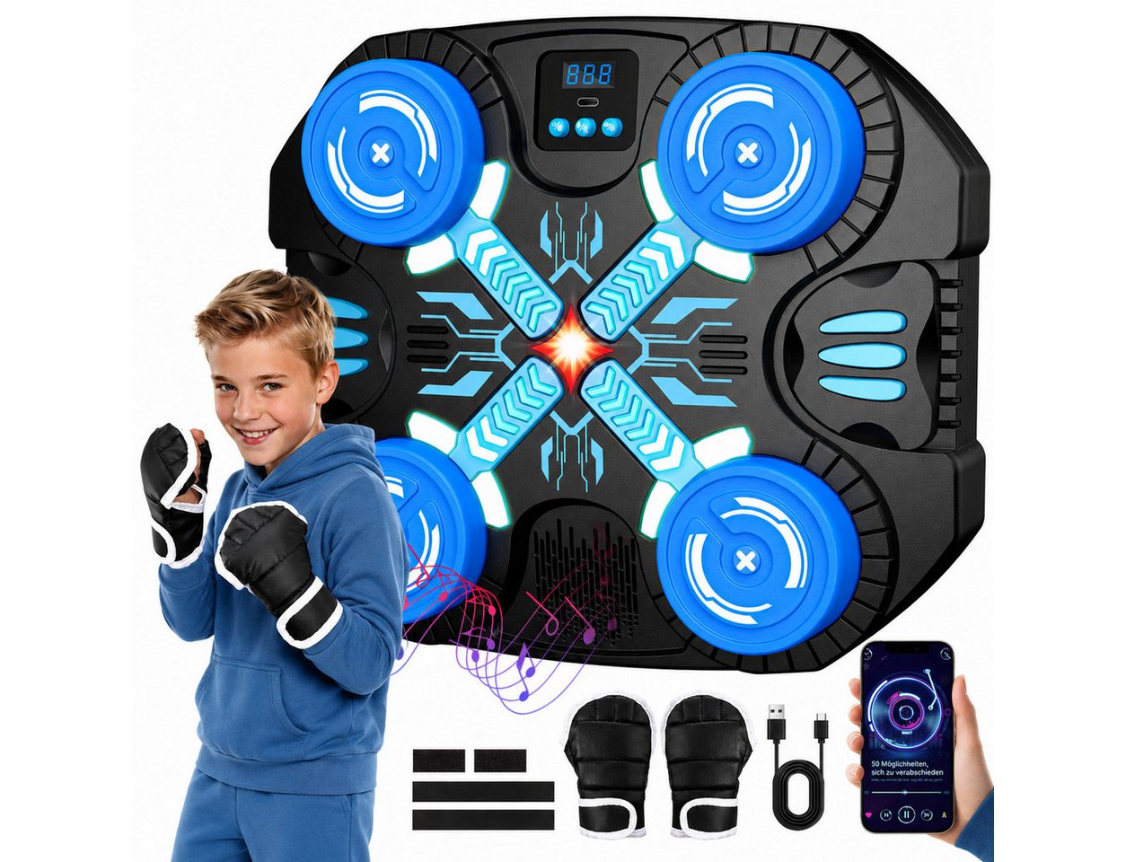 Wootoy Boxsack Boxmaschine Bluetooth Boxspielzeug Kinder Trainingsspiel Boxhandschuhe (mit 3 Spielmodi: Freies Training, Challenge und Memory, 1-tlg., Wandmontage ohne Bohren dank Klettstreifen), mit Bluetooth-Musik und LED-Lichteffekte sorgen Bild 4