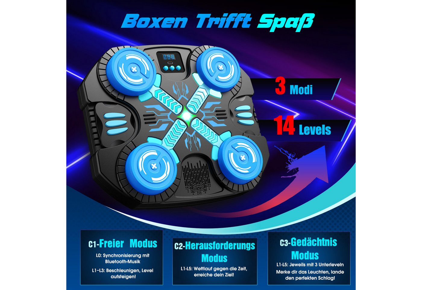 Wootoy Boxsack Boxmaschine Bluetooth Boxspielzeug Kinder Trainingsspiel Boxhandschuhe (mit 3 Spielmodi: Freies Training, Challenge und Memory, 1-tlg., Wandmontage ohne Bohren dank Klettstreifen), mit Bluetooth-Musik und LED-Lichteffekte sorgen Bild 5