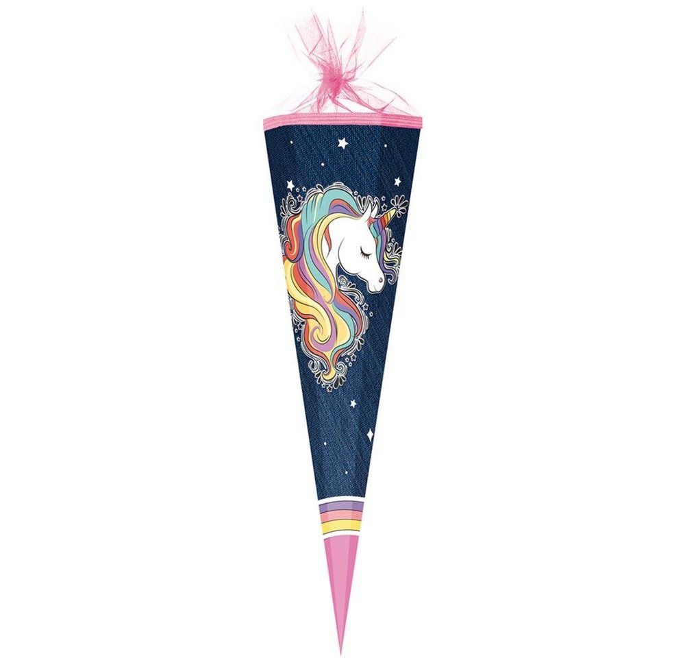 Nestler Schultüte Regenbogen Mähne, 85 cm, eckig, mit rosafarbigem Tüllverschluss, Einhorn-Motiv