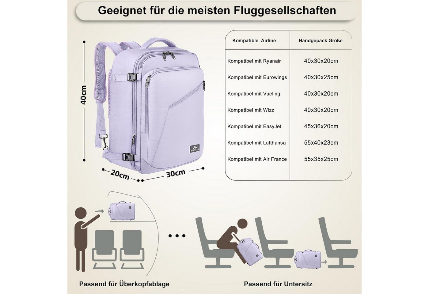 LuxusKollektion Handgepäckkoffer Handgepäck Rucksack 40x30x20 Damen Ryanair 40x30x20cm Helllila Bild 5
