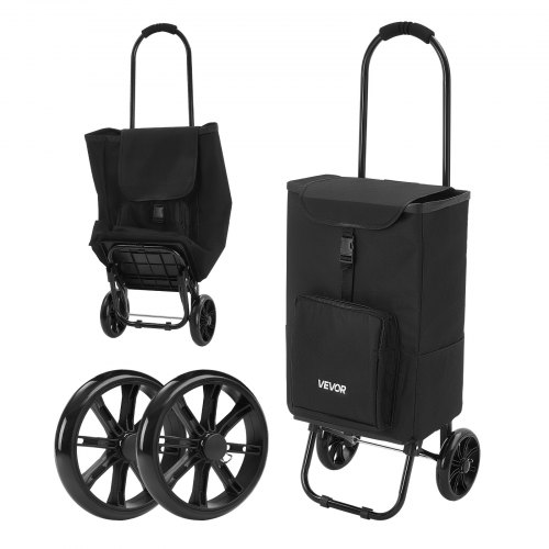VEVOR Einkaufstrolley Faltbarer Einkaufswagen mit 35kg Tragkraft Schwarz, 27L Kapazität, Mit Kühlfach Schaumstoffgriff + Rollen, Tasche Abnehmbar, 2-in-1 Einkaufsroller für Einkauf Camping Haushalt