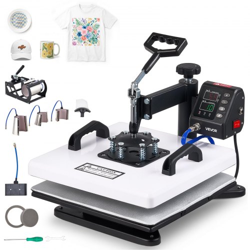 VEVOR Transferpresse 38x38cm 8-in-1 Sublimationsmaschine 1250W Textilpresse, 360° Schwenkfunktion Schnelles & Gleichmäßiges Aufheizen Zeit- & Temperaturregelung T-Shirts Tassen Becher Kappen Teller