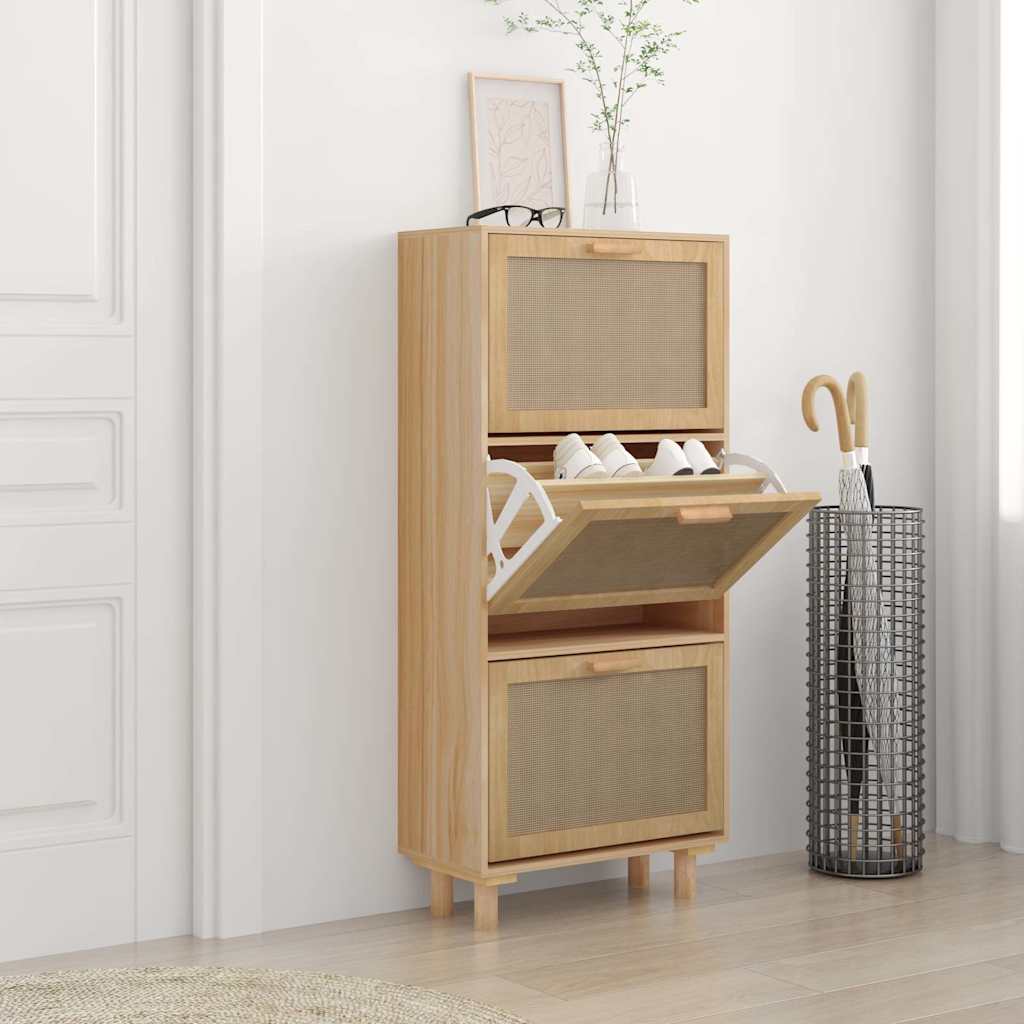 Schuhschrank Braun 52x25x115 Cm Holzwerkstoff & Rattan Natur