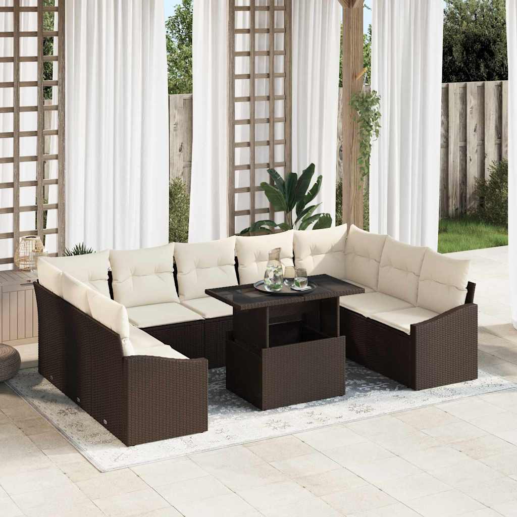 Sofa Set Mit Kissen 10 Pcs Braun Und Creme Poly-rattan
