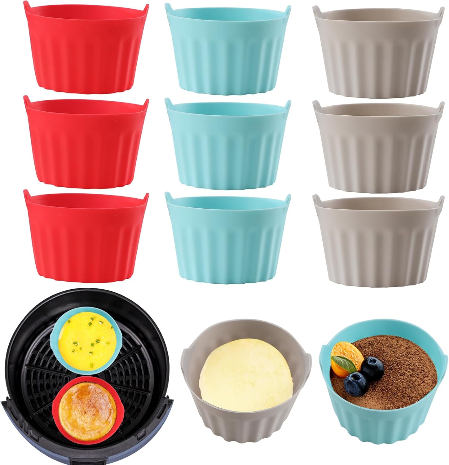 9-teiliges Silikon-zubehörset Für Heißluftfritteusen, Heißluftfritteusen-tablett, Backform Für Kuchen Und Eierkuchen, Silikon-backformen, Rot + Grau + Blau