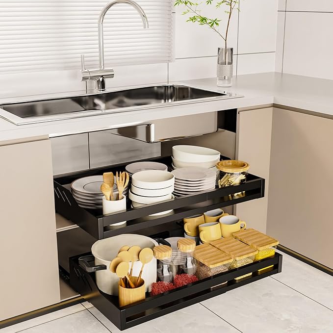 Ausziehbarer Teleskop-küchenschubladeneinsatz, Kein Bohren Erforderlich, Schrank- Und Aufbewahrungsorganizer, 39–60 X 32 X 10,6 Cm, Schwarz