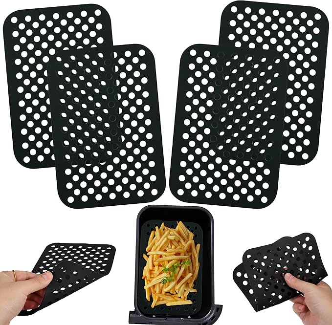 Set Mit 4 Rechteckigen Silikon-fritteusenmatten, 20 Cm, Antihaftbeschichtet, Perforiert, Wiederverwendbar, Hitzebeständig Und Spülmaschinenfest, Ideal Für Heißluftfritteusenkörbe