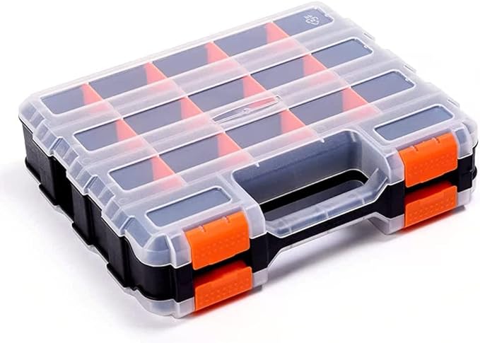 Doppelseitiger Werkzeugkasten Mit Herausnehmbarer Kunststofftrennwand, Aufbewahrungsbox, 34 Fächer, Ideal Für Schrauben, Muttern Und Kleinteile, Schwarz/orange