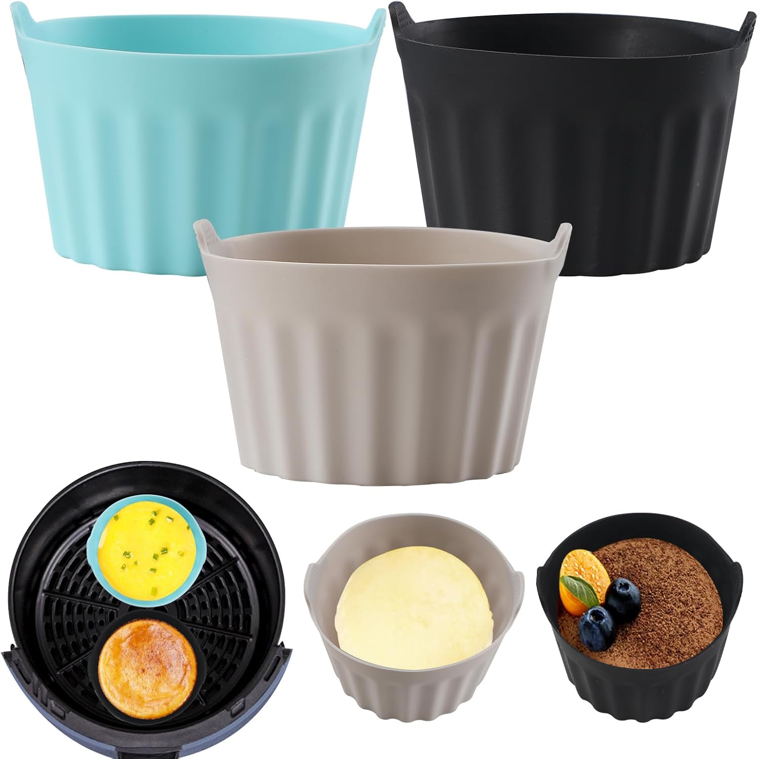 3-teiliges Silikonform-set Für Heißluftfritteusen – Geeignet Für Fettfreies Frittieren, Mafin, Kuchen, Eierkuchen – Zubehör Für Heißluftfritteusen – Schwarz, Grau, Blau