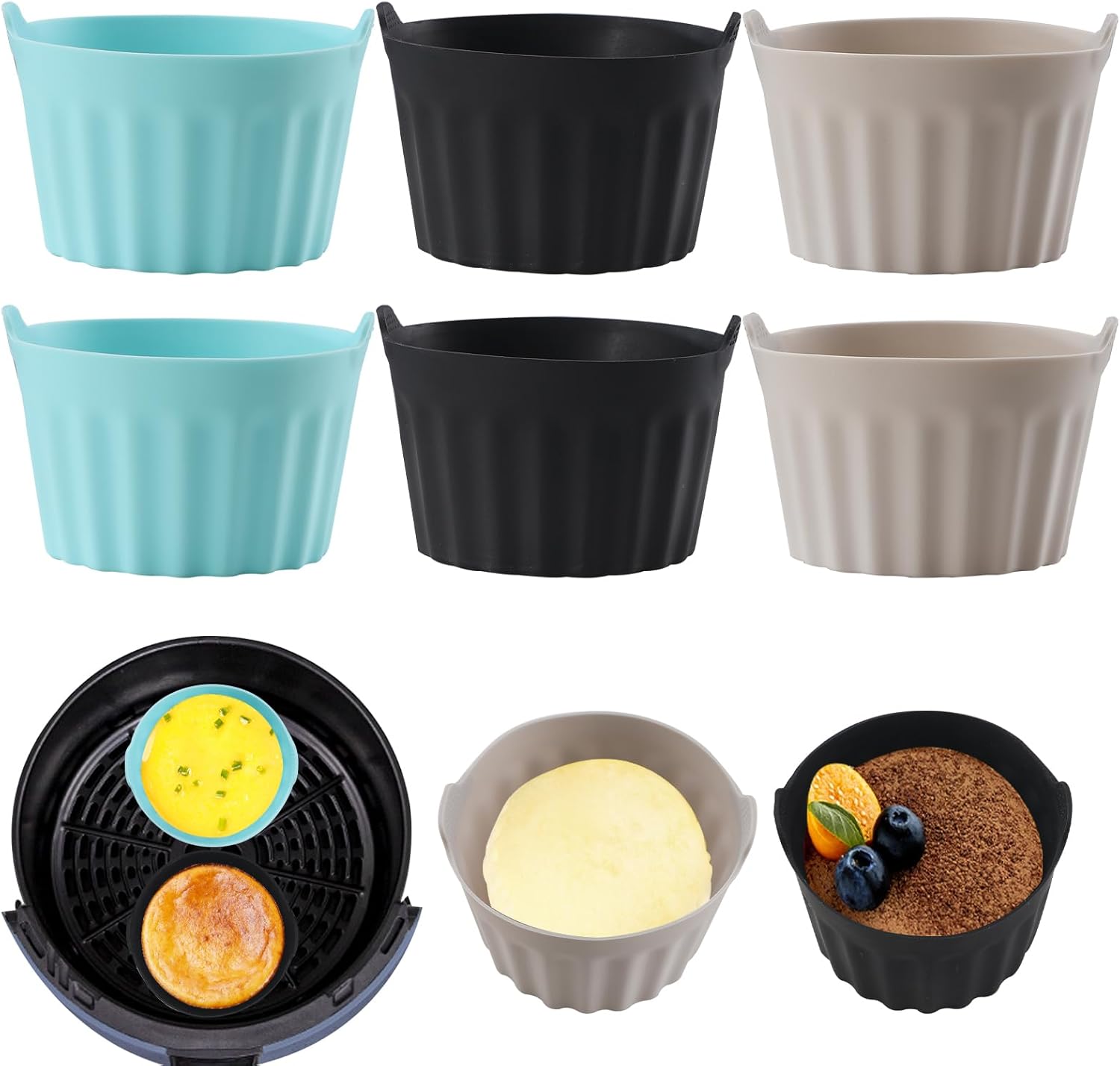 6-teiliges Silikon-backformen-set Für Heißluftfritteusen, Flach, Für Fettfreies Frittieren, Kuchenformen, Eierkuchenformen, Zubehör Für Heißluftfritteusen, Silikon-backformen, Schwarz + Grau + Blau