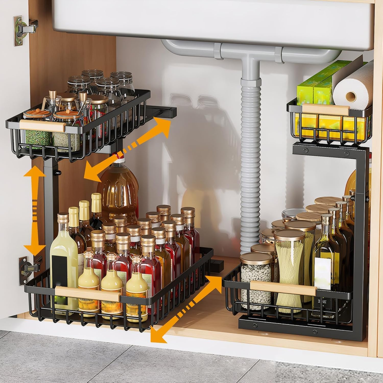 Set Mit 2 Zweistöckigen Metall-unterspülbecken-aufbewahrungsboxen – Multifunktionale Schiebebox Für Küche, Bad Und Speisekammer(schwarz)