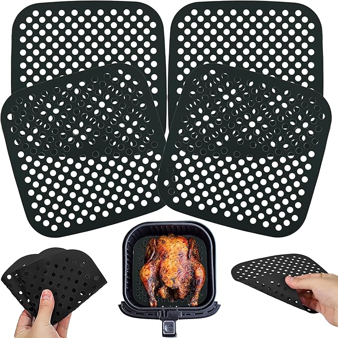 4er-set Quadratische Silikonmatten Für 21-cm-heißluftfritteusen, Wiederverwendbare, Antihaftbeschichtete, Perforierte Matten, Spülmaschinenfest, Hitzebeständiges Küchenzubehör