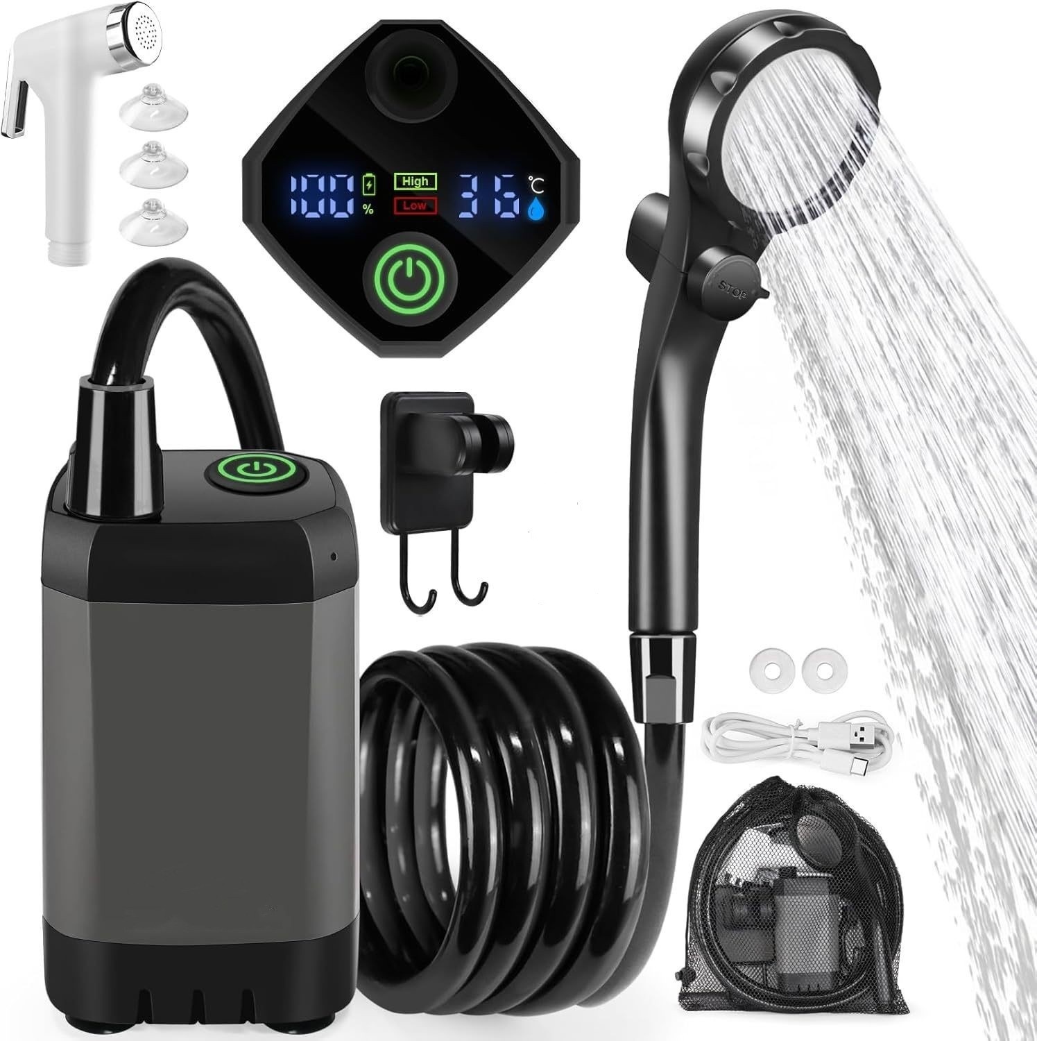 Tragbare Campingdusche, Wiederaufladbare Duschpumpe Mit 6000 Mah, Usb-kabel Und Elektrischem Duschkopf Für Den Außenbereich Zum Camping, Wandern, Baden Von Haustieren Und Toilettengang.