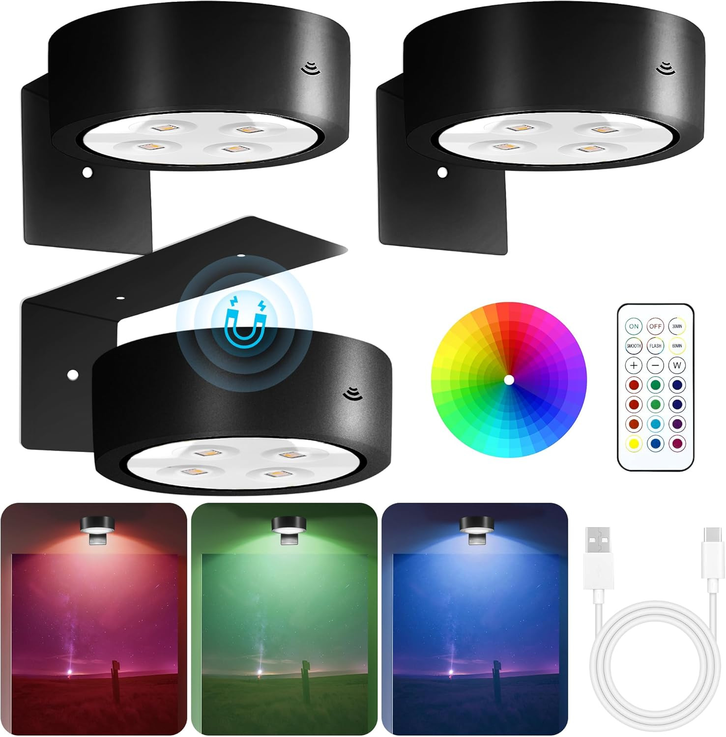 3er-pack Kabellose, Batteriebetriebene Lichter Mit Fernbedienung, Magnetische Rgb-led-bilderrahmenlichter, Dimmbare Und Timer-lichter, Schwarze Dekorative Wandlampen