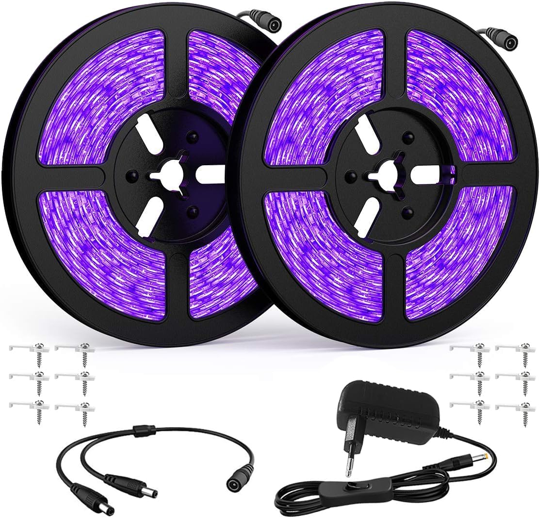 2 Stück Uv-led-streifen, 5 M, Schwarzlichtstreifen, 395 M – 405 Nm, 300 Leds, Ultraviolette Atmosphärenbeleuchtung Für Körperbemalung, Neonfarbe, Halloween, Weihnachten