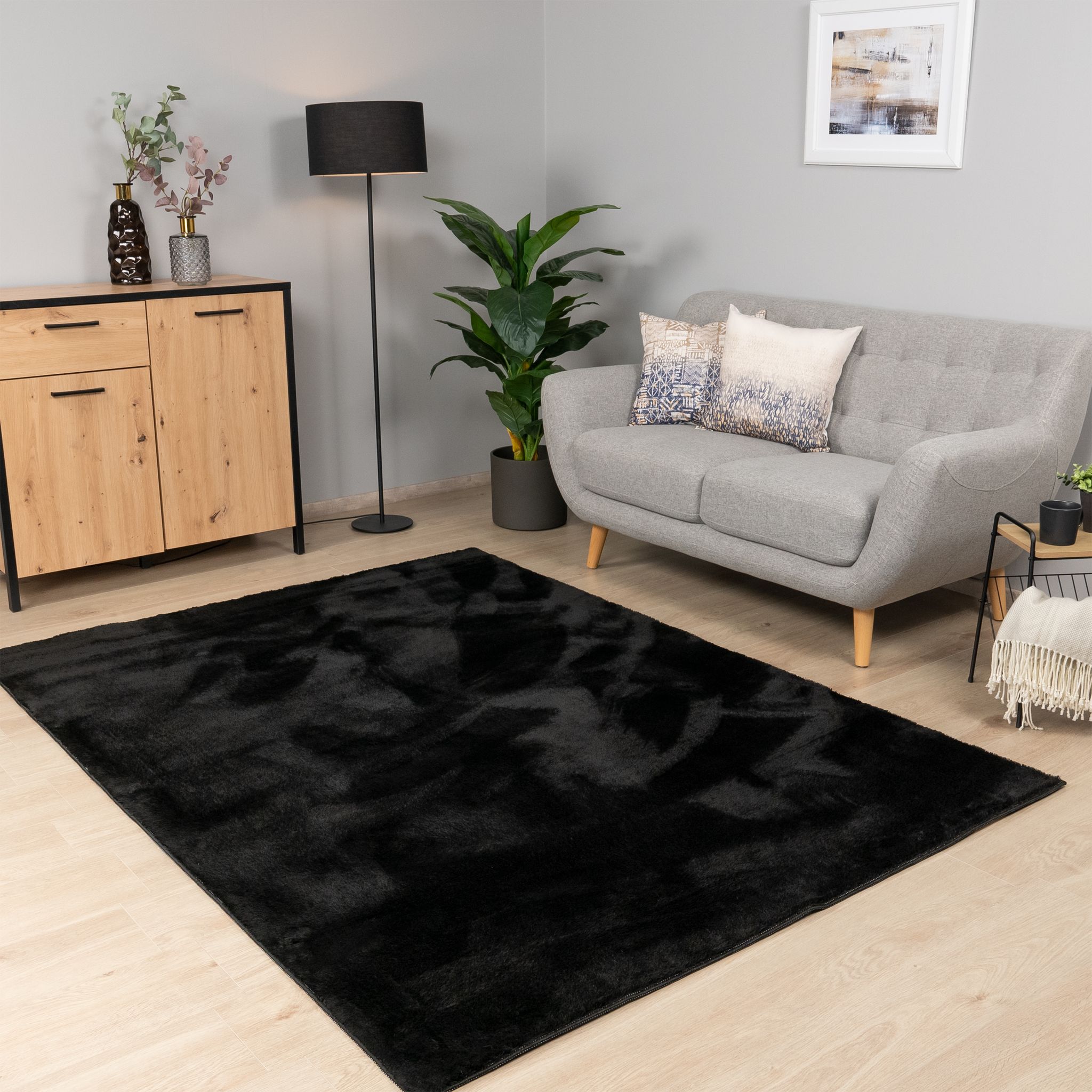 Paco Home Teppich Wohnzimmer Kurzflor Waschbar Einfarbiges Muster Weich Rutschfest Modern 80x300 Cm, Schwarz