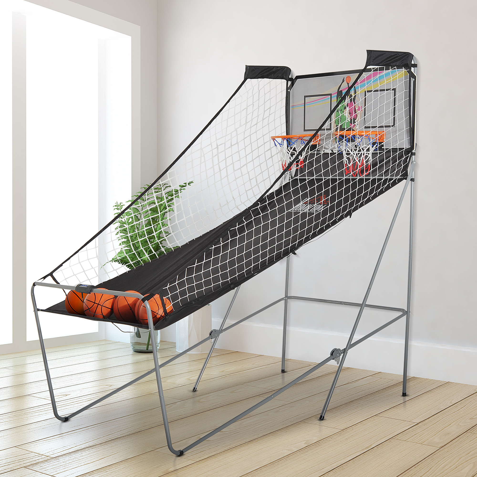Basketballkorb Mit Led-rückwand, Pumpe, 2 Körben, 4 Bällen Und 8 Spielmodi, Elektronische Basketballmaschine Aus Stahl, Oxford-gewebe Und Mdf, 205 X 110 X 205 Cm, Schwarz Und Weiß