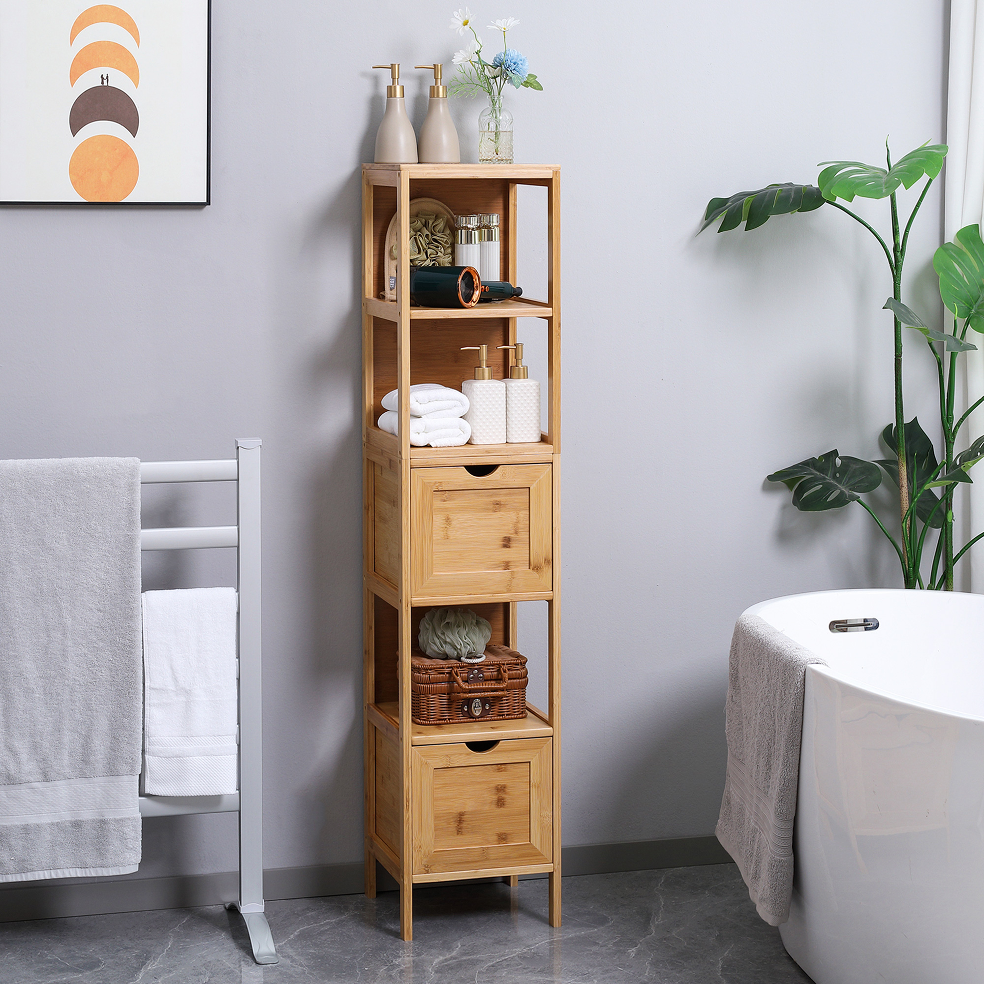 Kleankin Badezimmerschrank, 3 Regale, 2 Schubladen, Bambus, 30 Cm X 30 Cm X 140 Cm, Natur
