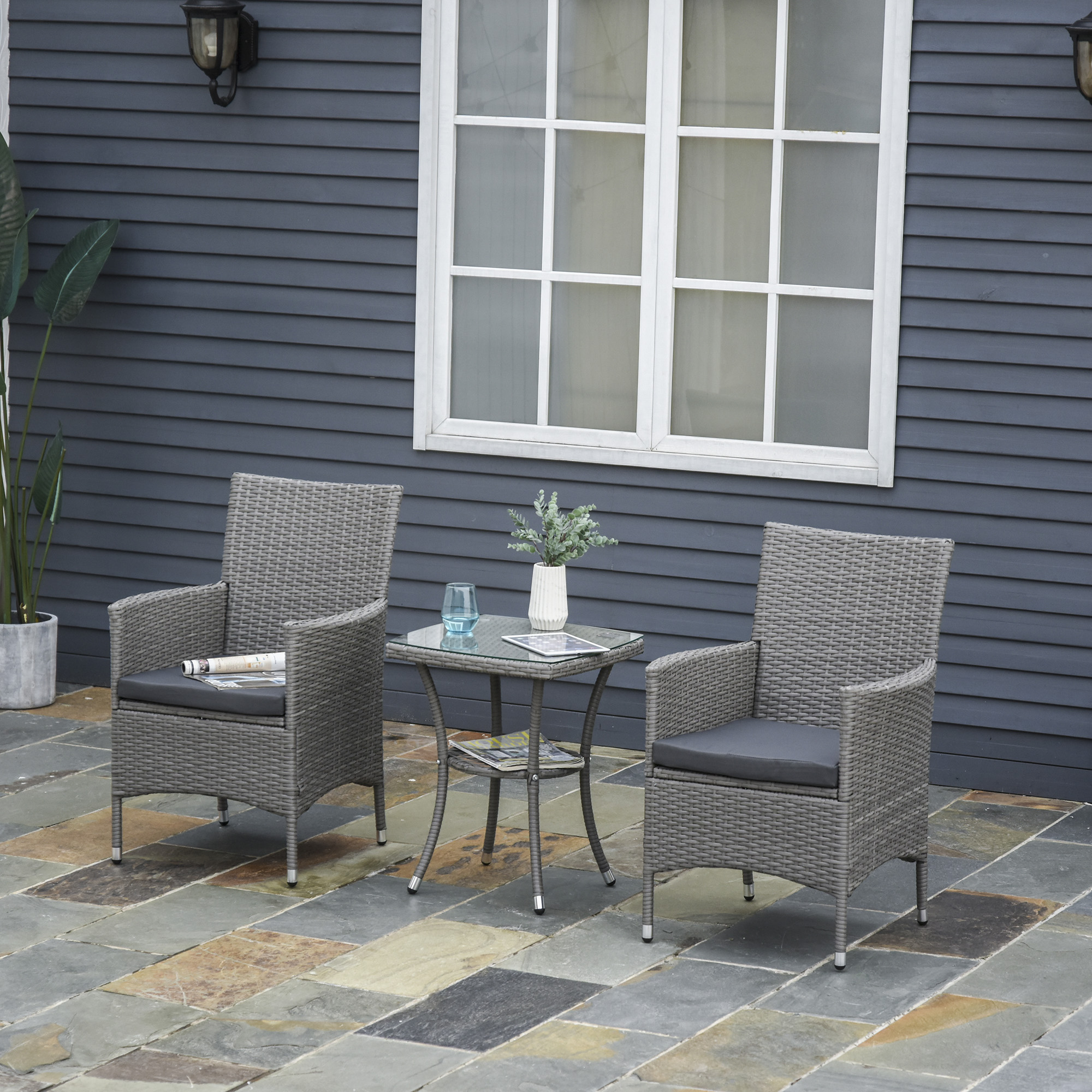 Outsunny Polyrattan Gartenmöbel Set, Outdoor Lounge Balkonmöbel Für 2 Personen, 3-teilig Sitzgruppe, 2 Stühle, Tisch Sitzkissen, Gartenlounge Für Garten, Terrasse, Balkon, Grau