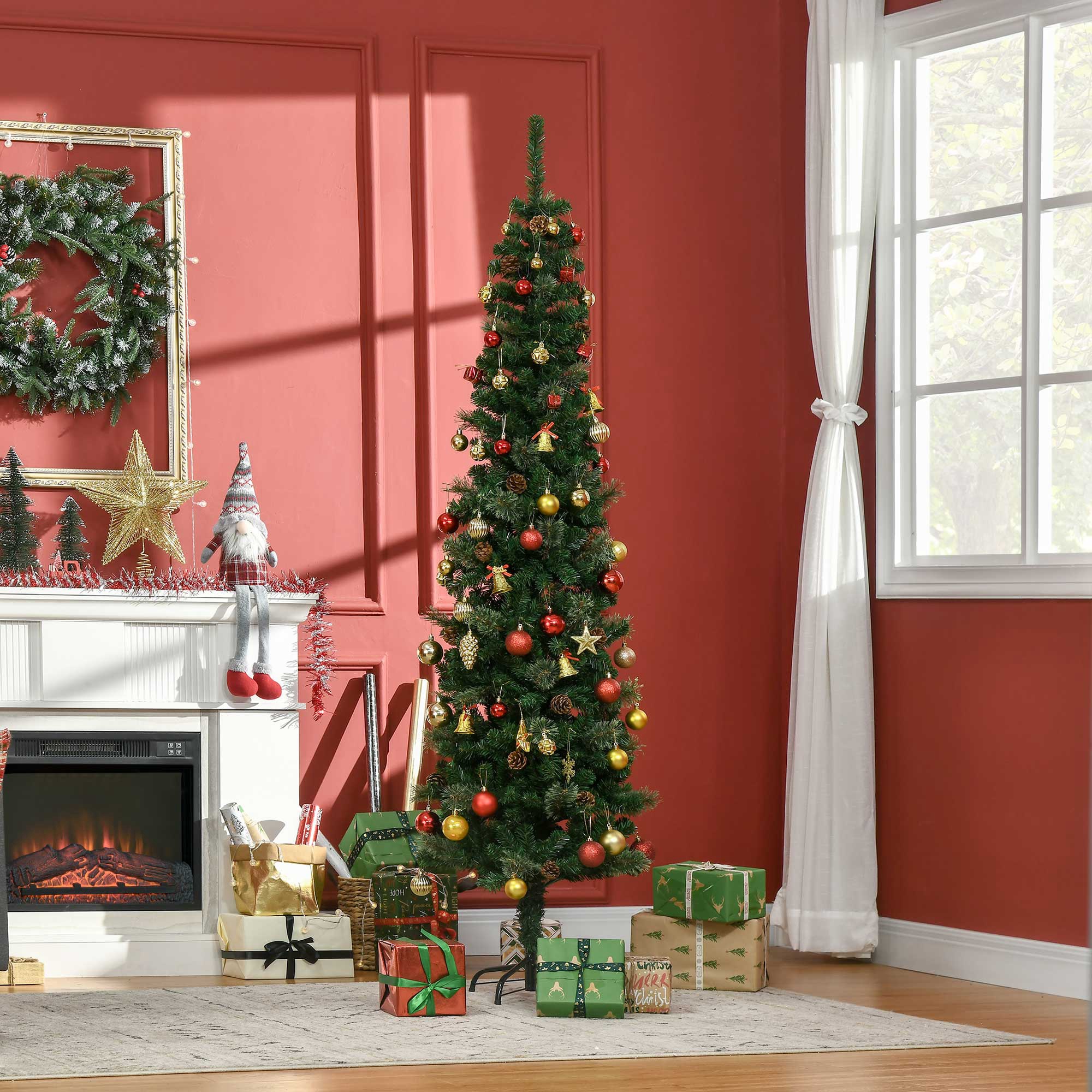 Weihnachtsbaum, 195 Cm Hoch, Mit 556 Zweigen, Schmaler, Stiftförmiger Weihnachtsbaum Mit 25 Tannenzapfen, Faltbarer Ständer, Grün