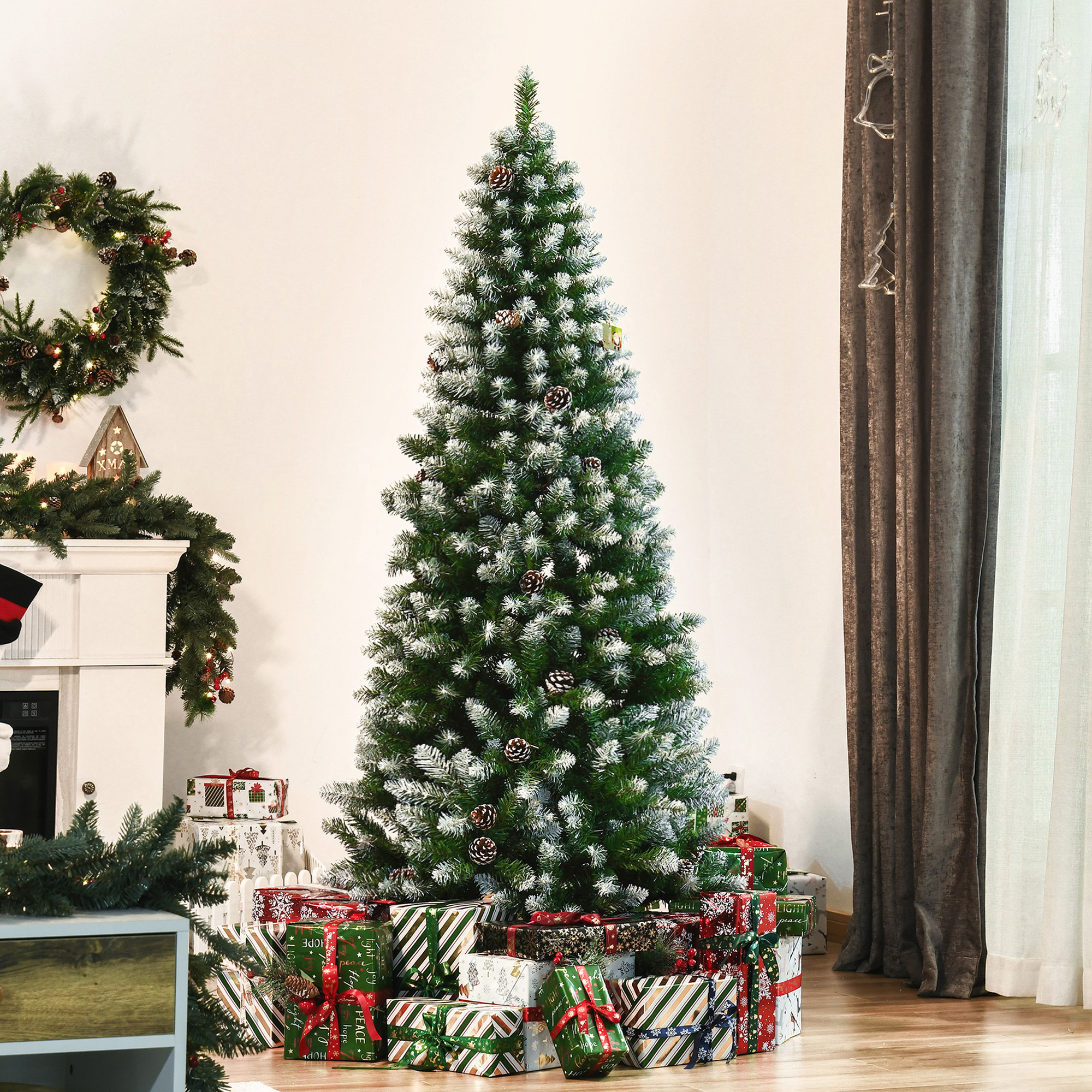 180 Cm Hoher, Schneebedeckter Weihnachtsbaum Mit 630 Zweigen Und 37 Tannenzapfen, Künstlicher Weihnachtsbaum Aus Kunststoff Und Metall Mit Abnehmbarem Sockel, Grün Und Weiß