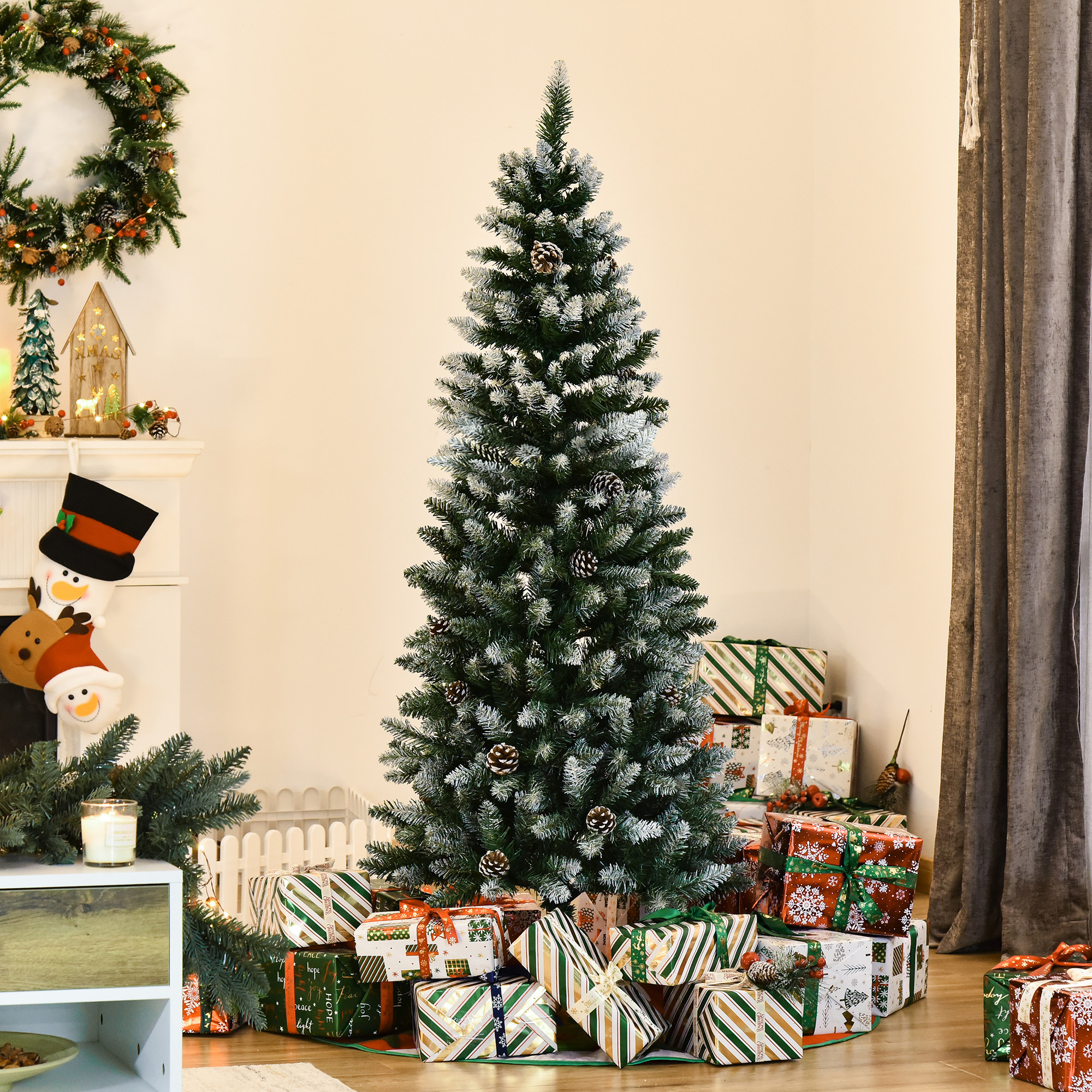 150 Cm Hoher, Schneebedeckter Weihnachtsbaum Mit 464 Zweigen Und 28 Tannenzapfen, Künstlicher Weihnachtsbaum Aus Kunststoff Und Metall Mit Abnehmbarem Sockel, Grün Und Weiß