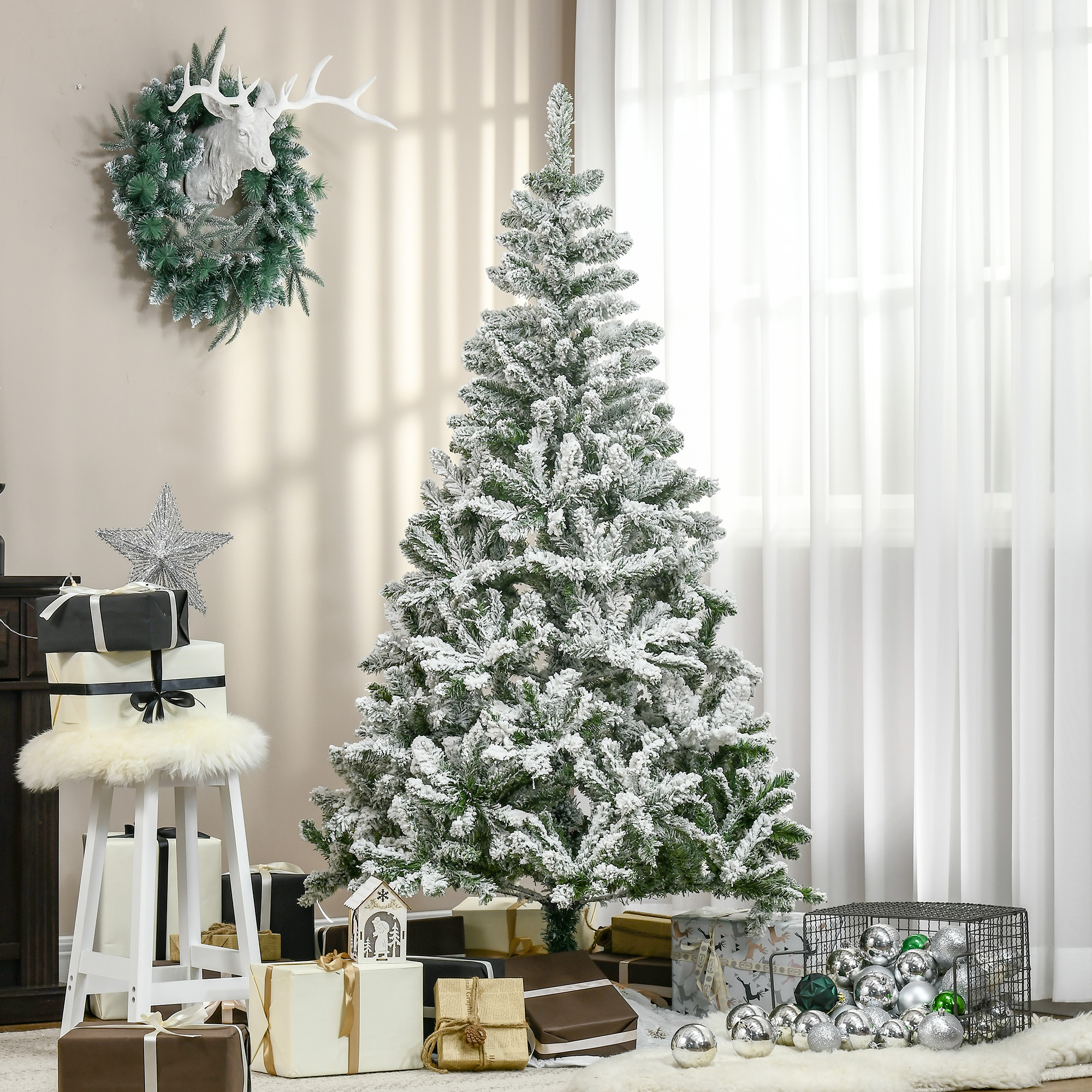 Künstlicher Weihnachtsbaum Von Homcom, 180 Cm, Mit Schnee, Schwer Entflammbar, 750 Zweige, Für Den Innenbereich, Grün