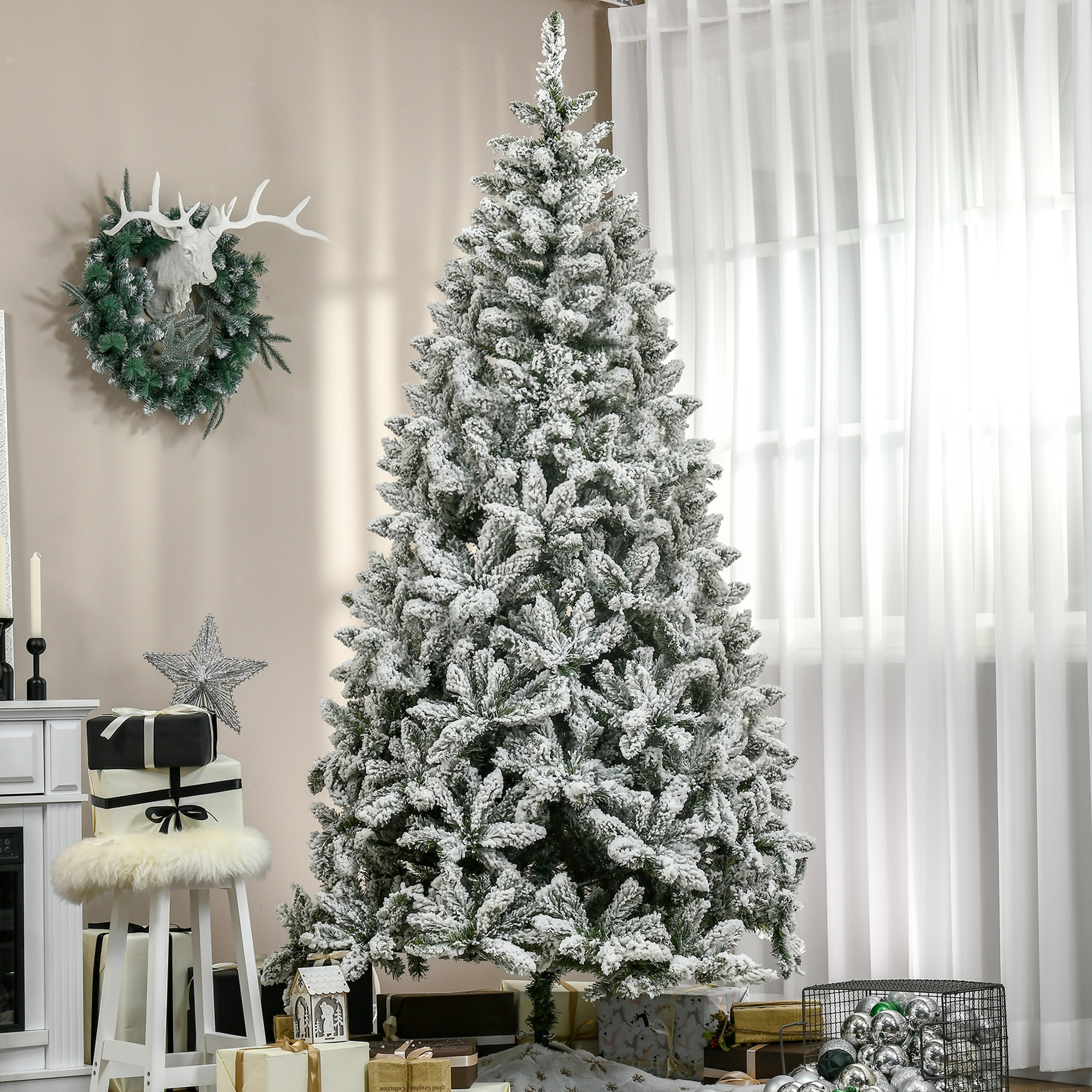 Künstlicher Weihnachtsbaum Von Homcom, 225 Cm, Mit Schnee, Schwer Entflammbar, 1300 Zweige, Für Den Innenbereich, Grün