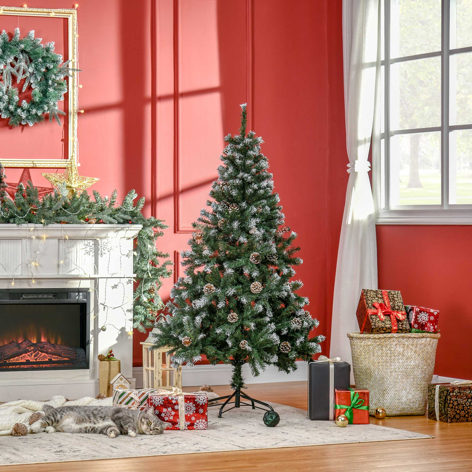 150 Cm Hoher Künstlicher Weihnachtsbaum Mit 676 Schneebedeckten Zweigen Und Tannenzapfen, Mit Automatischem Öffnungs- Und Klappfuß, Grün