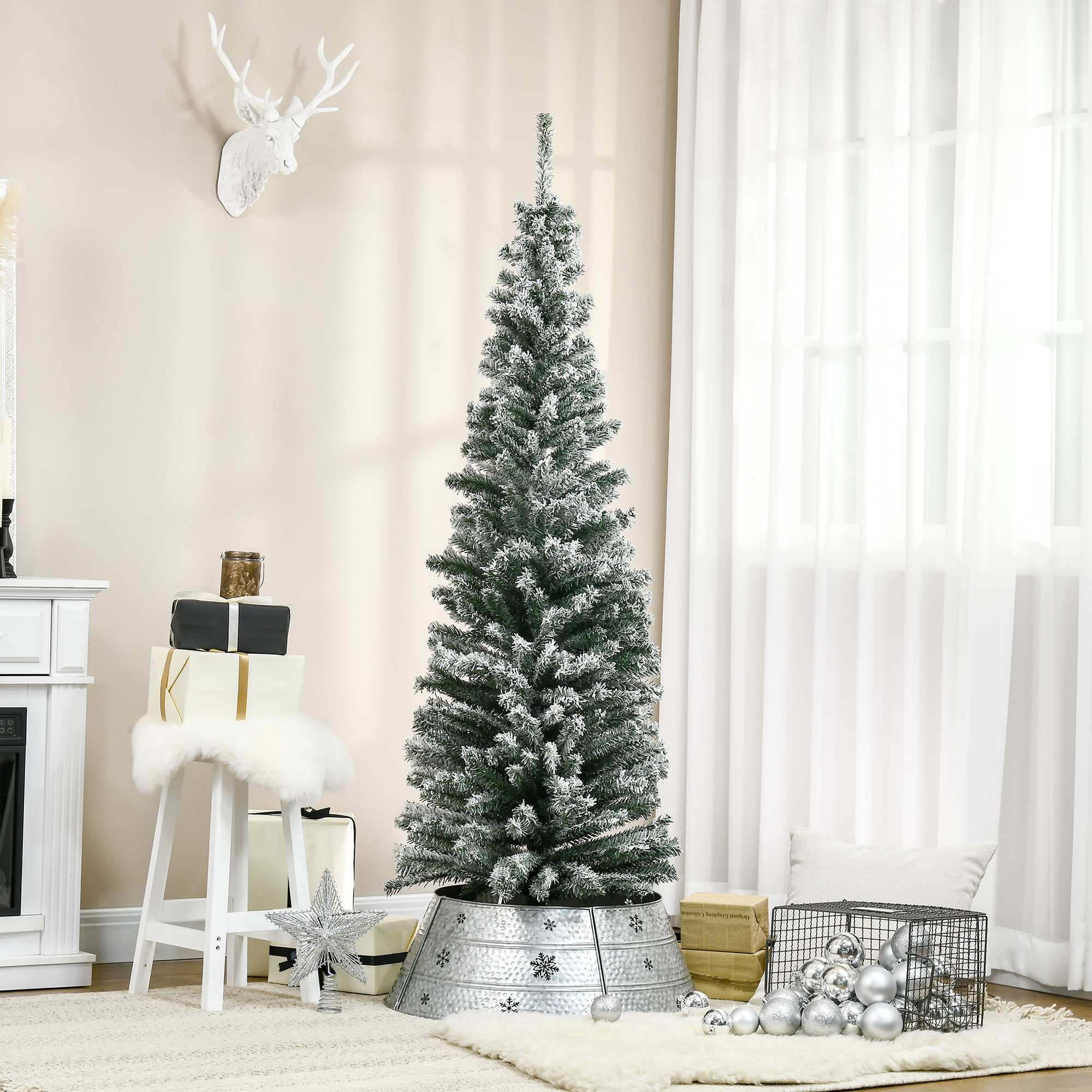 Schmaler Weihnachtsbaum, 180 Cm, Schneebedeckt, Mit 492 Zweigen Und Metallständer, Für Das Wohnzimmer, Grün Und Weiß