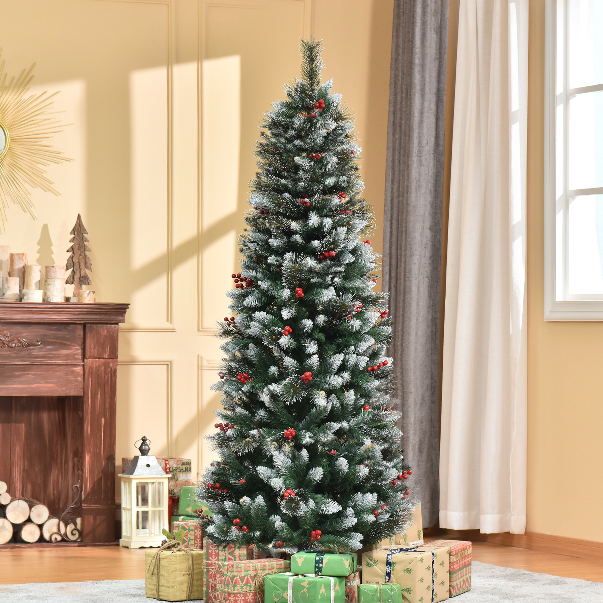 180 Cm Schlanker Weihnachtsbaum Mit Roten Beeren Und 539 Zweigen, Schneebedeckter Weihnachtsbaum Mit Abnehmbarem Und Faltbarem Sockel Für Den Innenbereich, Grün