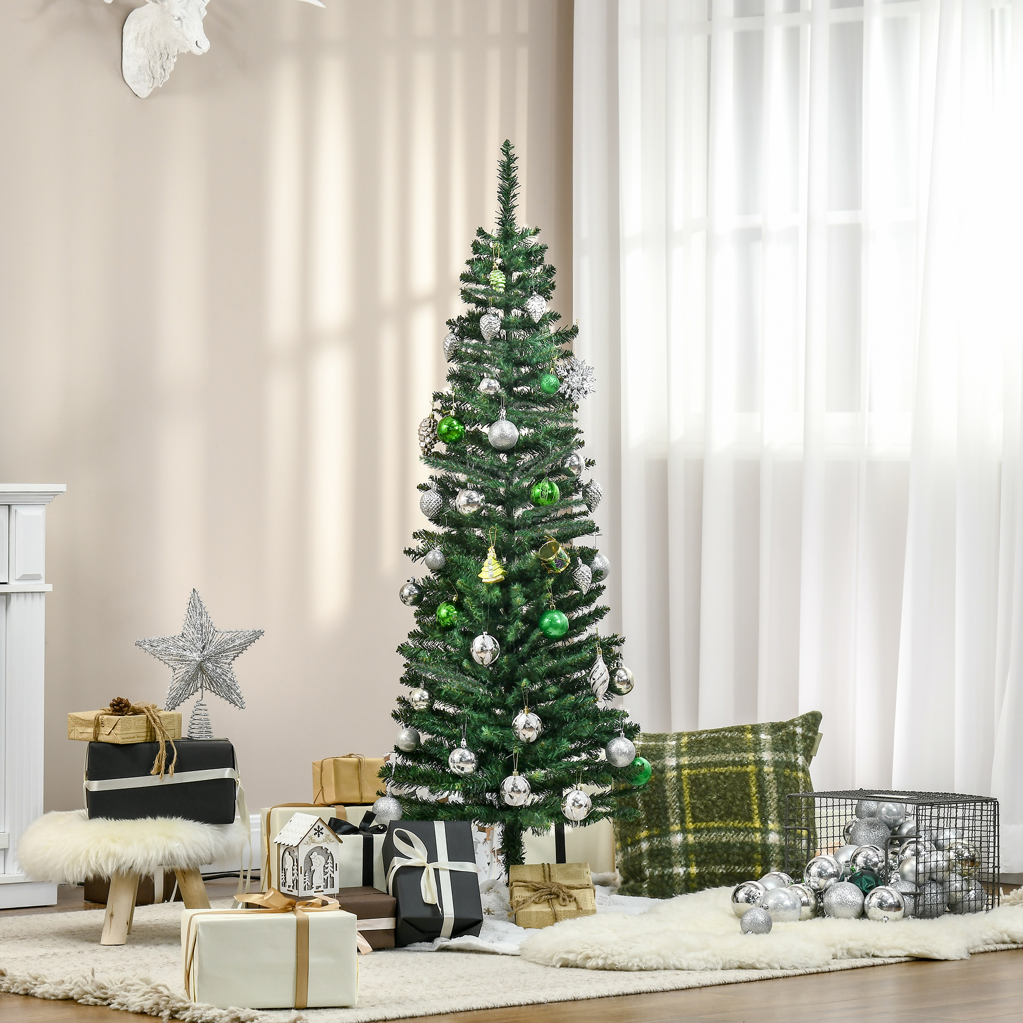 150 Cm Schlanker Künstlicher Weihnachtsbaum Mit Realistischen Zweigen, Hoher Und Schmaler Weihnachtsbaum Mit Kunststofffuß, Grün