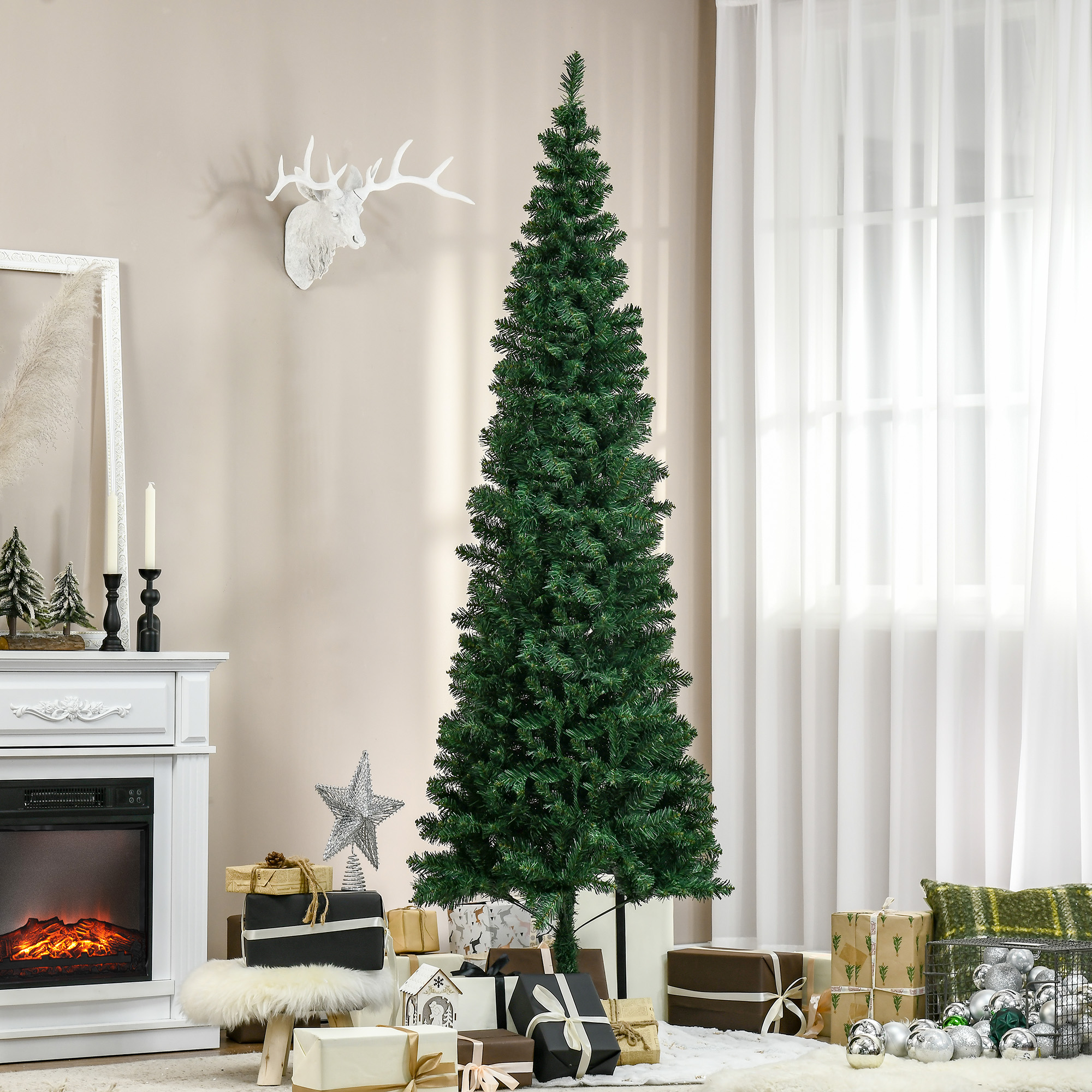 Schlanker Künstlicher Weihnachtsbaum, 210 Cm, Mit Realistischen Zweigen, Hoher Und Schmaler Weihnachtsbaum Mit Klappbarem Fuß, Grün