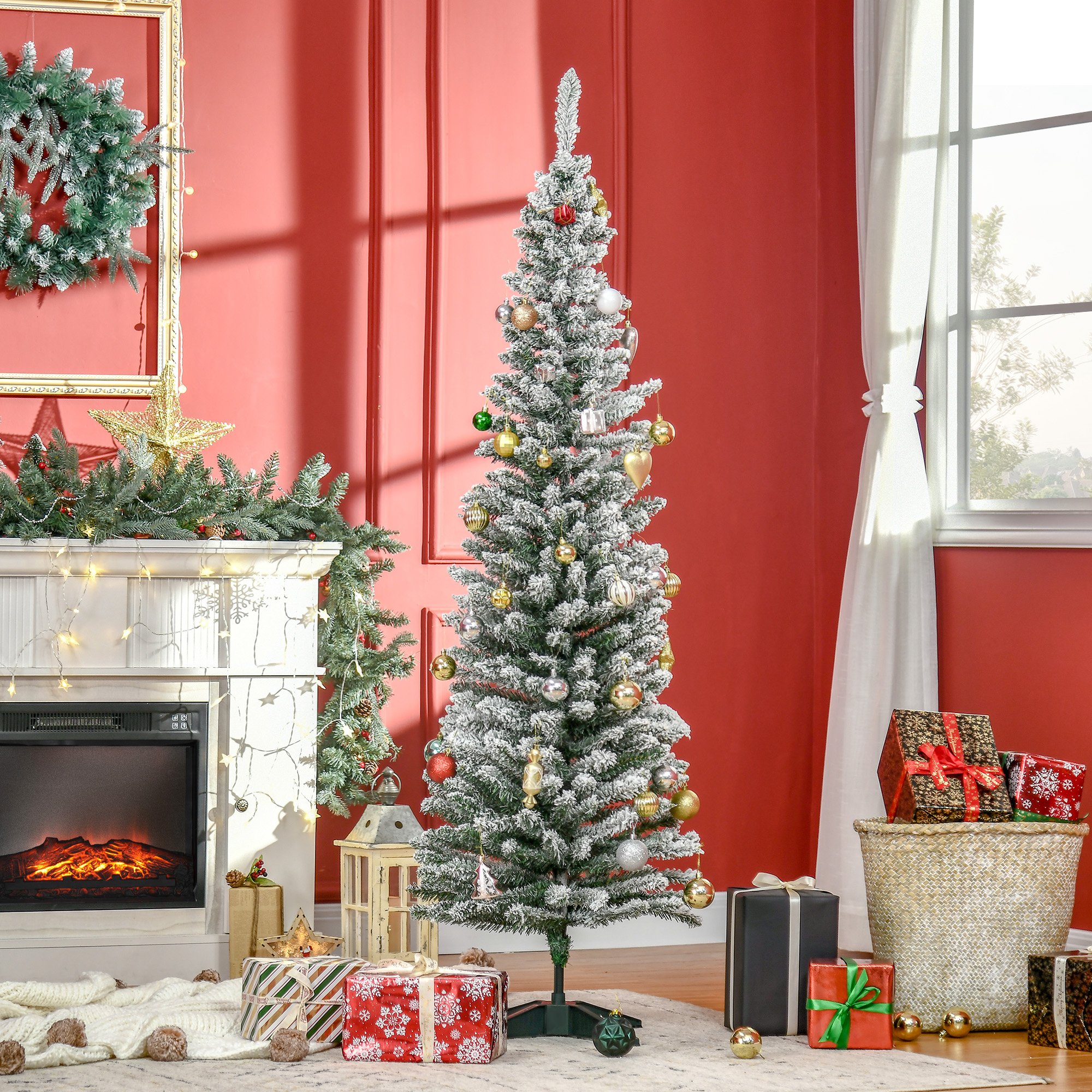 180 Cm Schlanker Künstlicher Weihnachtsbaum Mit Realistischen Zweigen, Hoher Und Schmaler, Schneebedeckter Weihnachtsbaum Mit Klappbarem Ständer, Grün