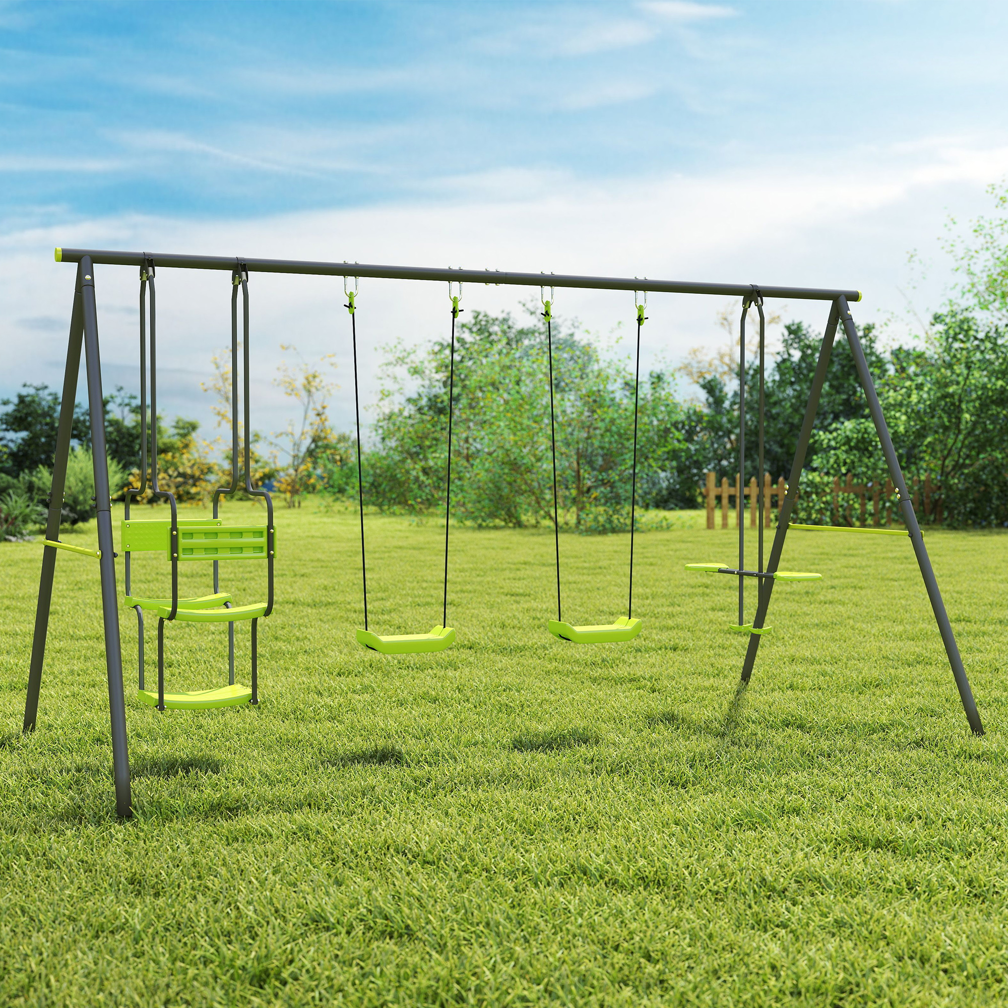 Kinderschaukel Für Den Außenbereich Mit 6 Sitzen, Stahlrahmen, Für Kinder Ab 3 Jahren, 355 X 184 X 186 Cm, Grün