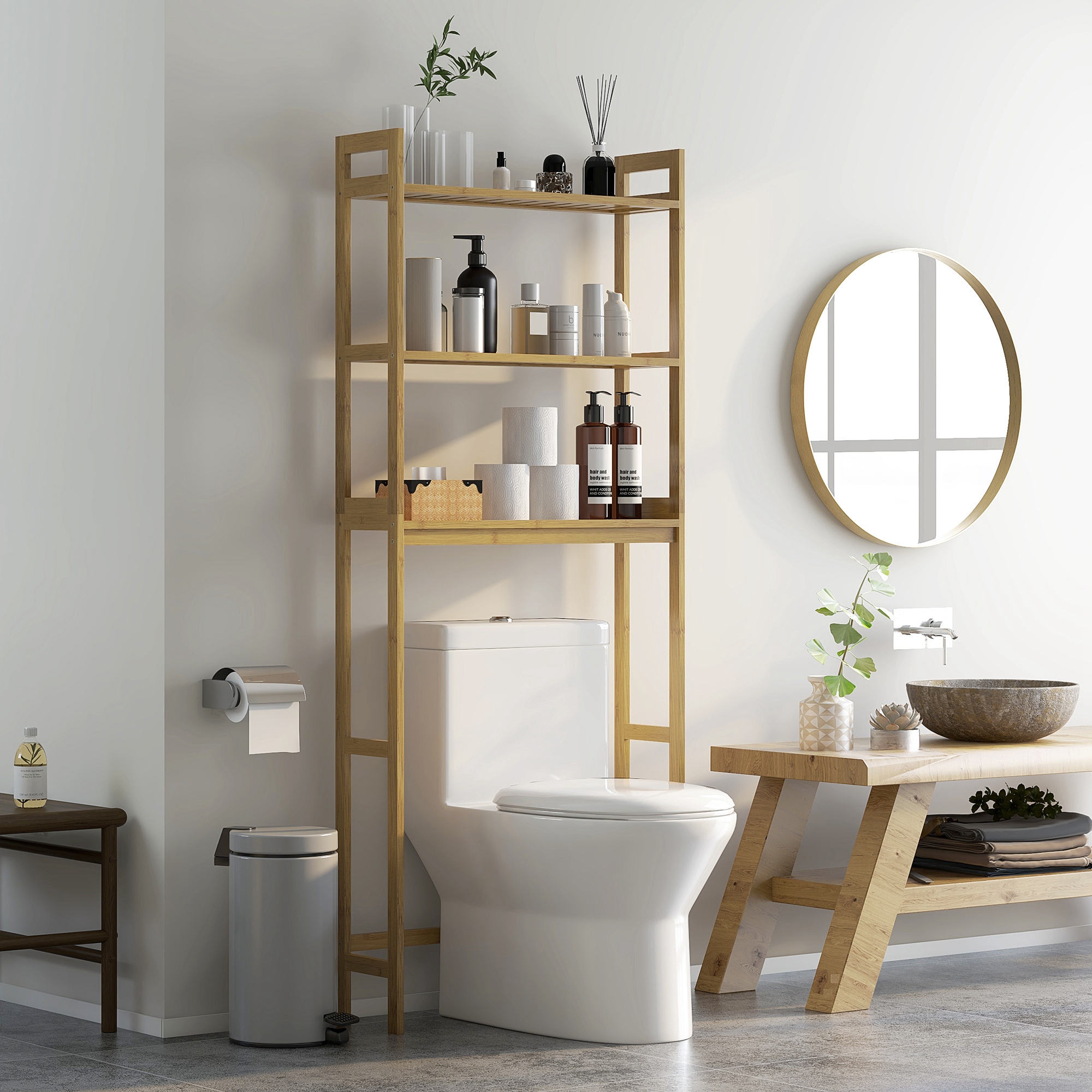 Wc-schrank Mit 3 Ablagen Und Rutschfesten Matten, 68 X 20 X 165 Cm, Natur