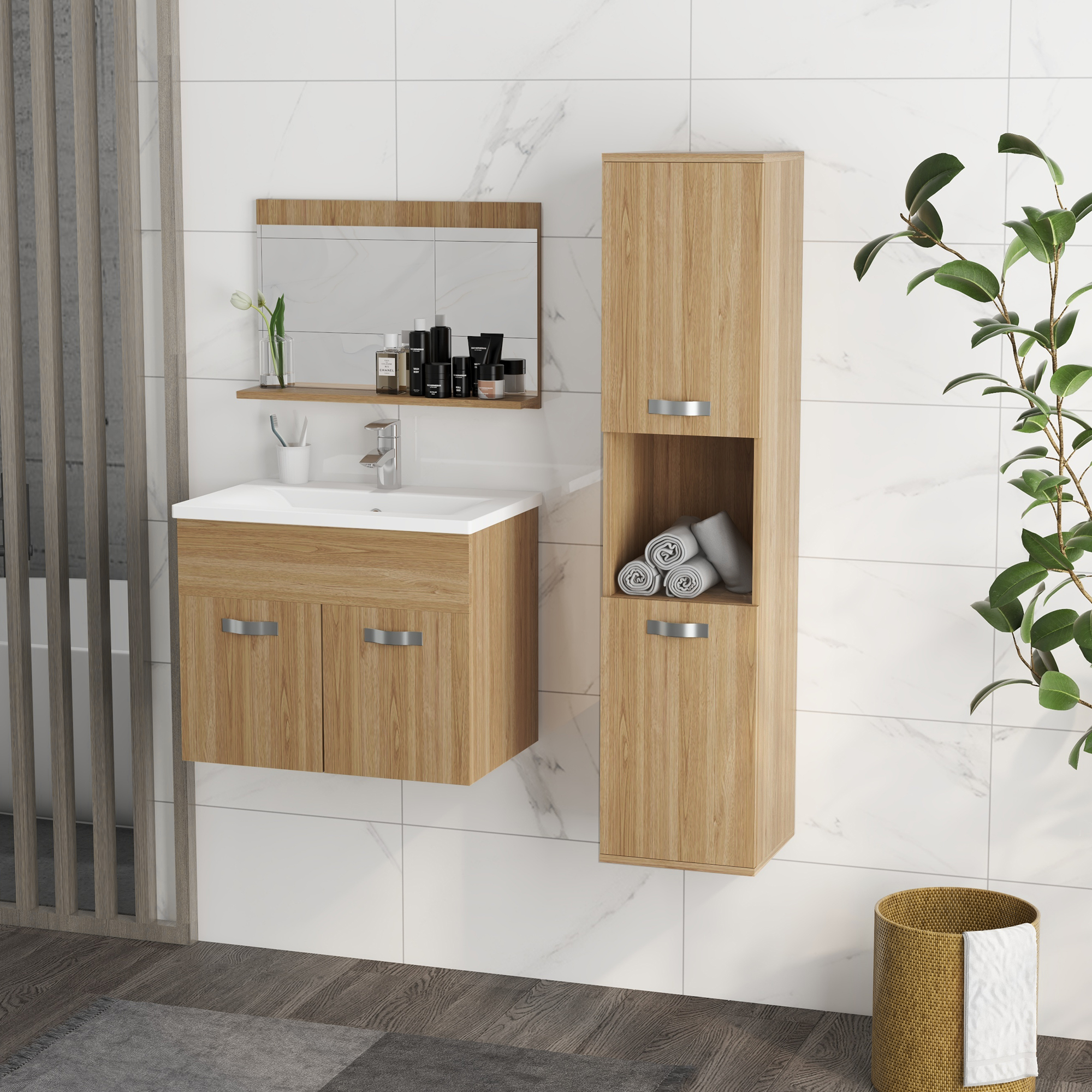 Badezimmermöbel-set: Spiegelschrank + Wandhängender Waschtisch Mit Waschbecken + Hoher Schrank Aus Naturholz