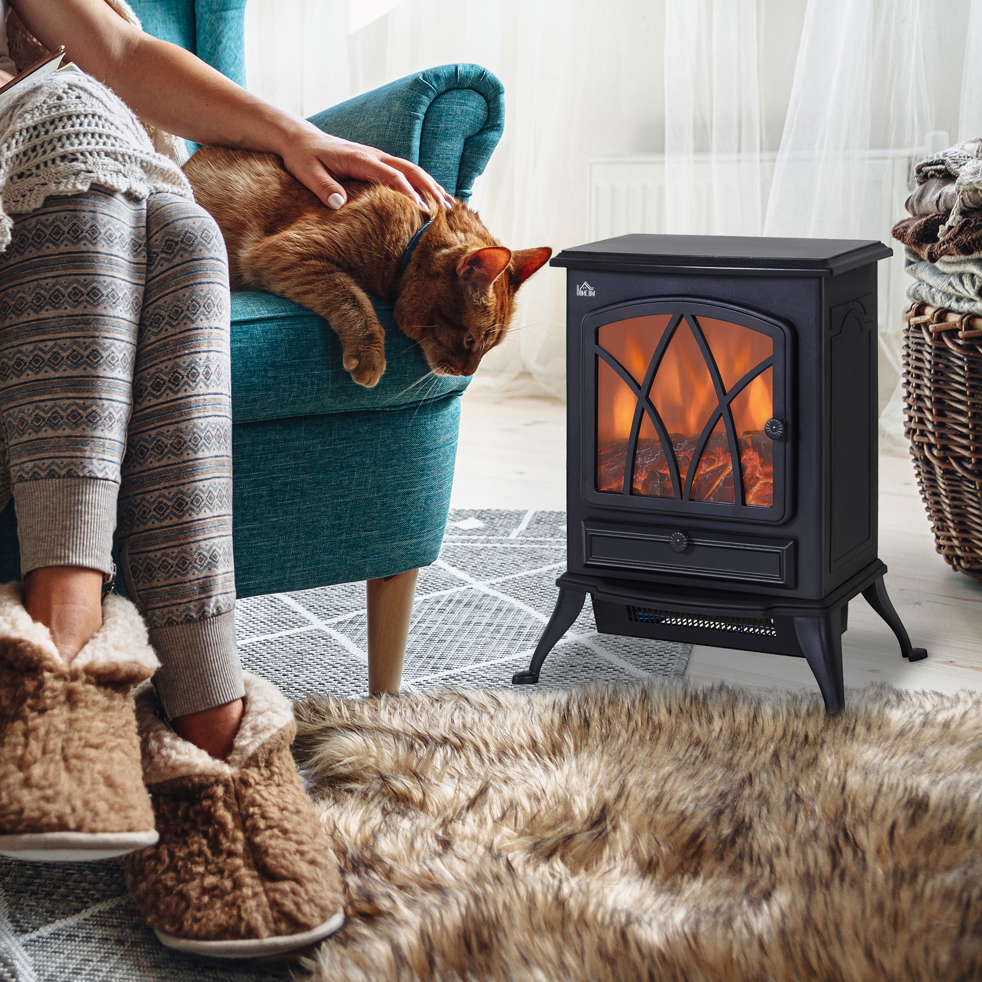 Elektrischer Kamin Mit Retro-flammeneffekt, 1000–2000 W, Mit Thermostat, Überhitzungsschutz Und Dimmbarer Beleuchtung, Schwarz