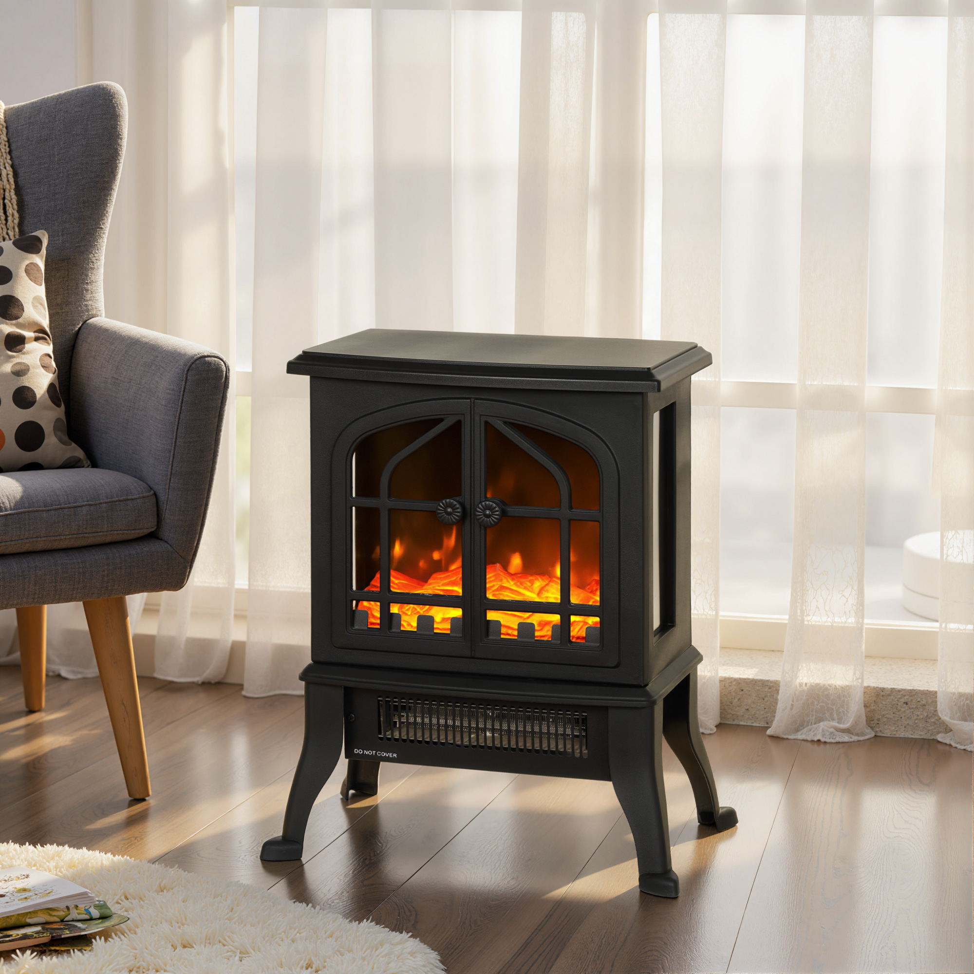 Elektrischer Kamin 900/1800 W, 3d-flammeneffekt, Einstellbarer Thermostat, Sichtfenster, Für Räume Von 15–30 M², Schwarz