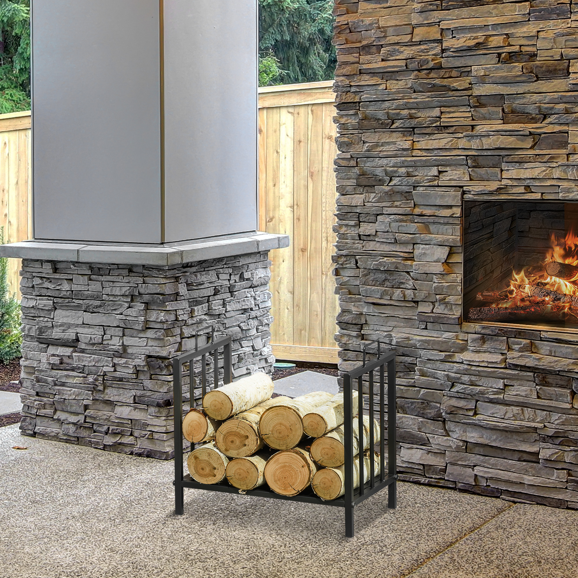 Outsunny Brennholzregal Für Traditionelle Kamine, Für Drinnen Und Draußen, Holzaufbewahrung, Holzregal Mit Griffen, Erhöhtes Design, 44,5 X 33 X 46,5 Cm, Schwarz