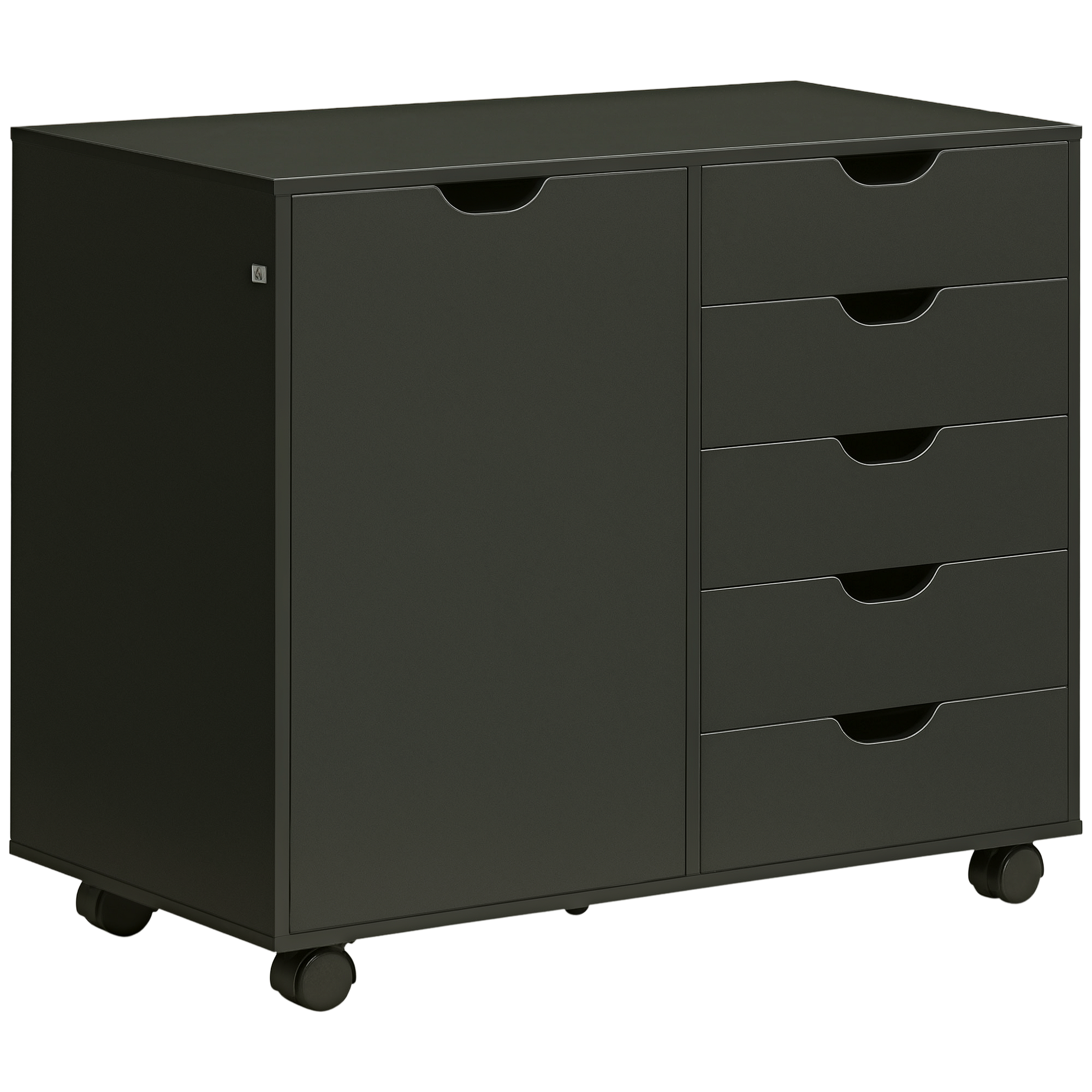 Büroschrank Mit 5 Schubladen, 1 Tür, Verstellbarem Einlegeboden Und Druckerablage Auf Rollen, 78 X 40 X 66,5 Cm, Schwarz