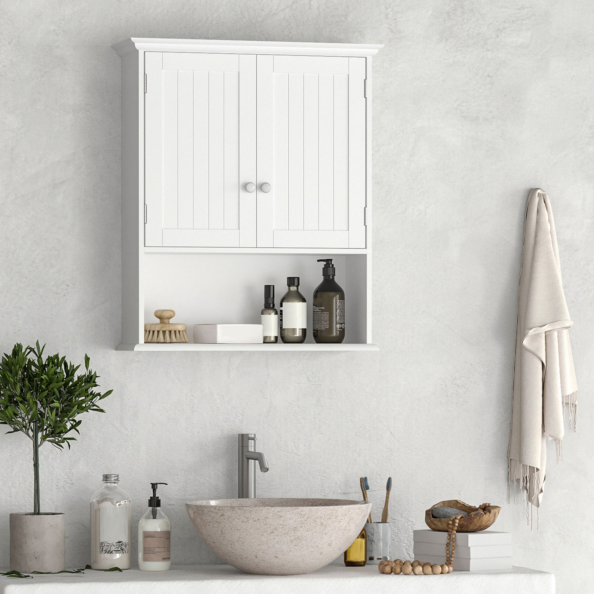 Wandhängender Badezimmerschrank Mit 2 Magnettüren Und Offenem Fach, Verstellbarem Einlegeboden, Für Küche, Flur Und Wohnzimmer, 60 X 20 X 70,5 Cm, Weiß