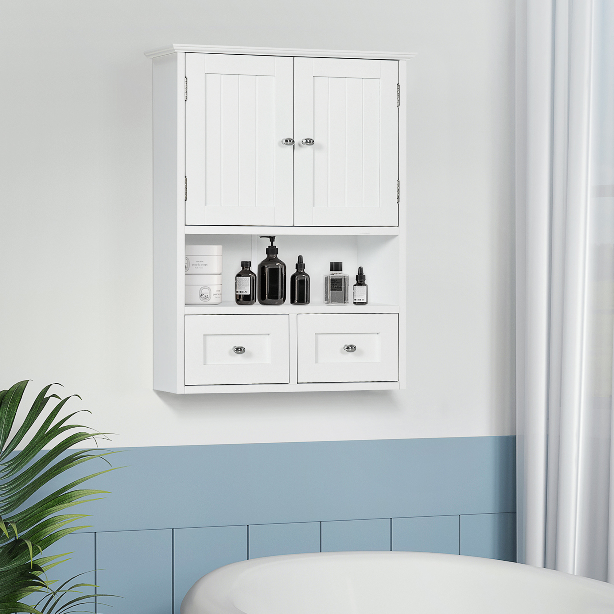 Wandschrank Mit Zwei Türen, Offenem Fach Und Zwei Schubladen, Vielseitig Einsetzbar Für Küche, Flur Und Wohnzimmer, Weiß