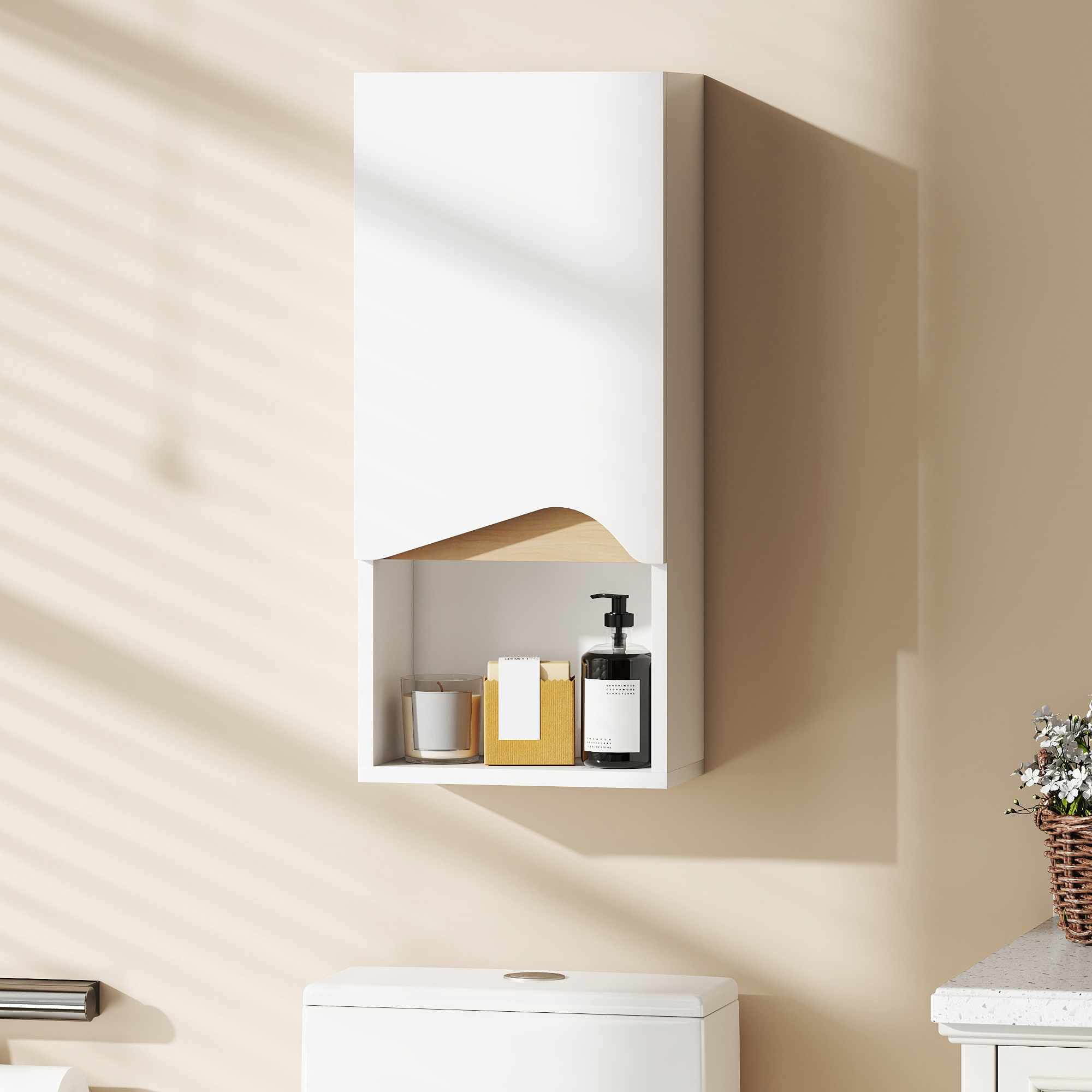 Wandhängender Badezimmerschrank Mit Offenem Fach Und Soft-close-schrank, Badezimmer-wandelement Mit Verstellbarem Einlegeboden, Platzsparendes Mehrzweck-wandelement, 30 X 17 X 67 Cm, Weiß Und Holzopti