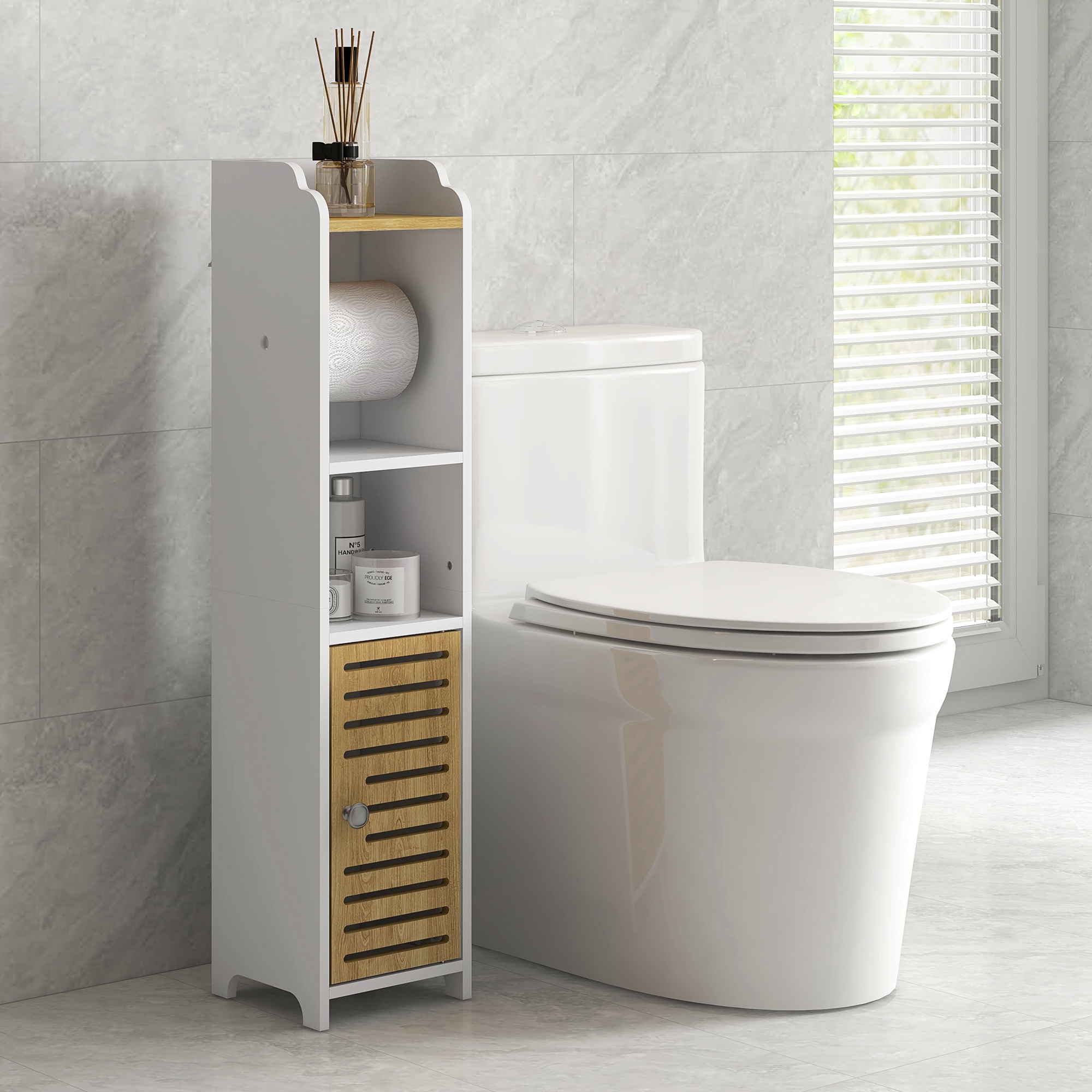 Moderner Badezimmerschrank Mit Toilettenpapierhalter, Ablagen, 1 Tür Und Toilettenpapierhalter, 18 X 20 X 90 Cm, Weiß Und Eiche