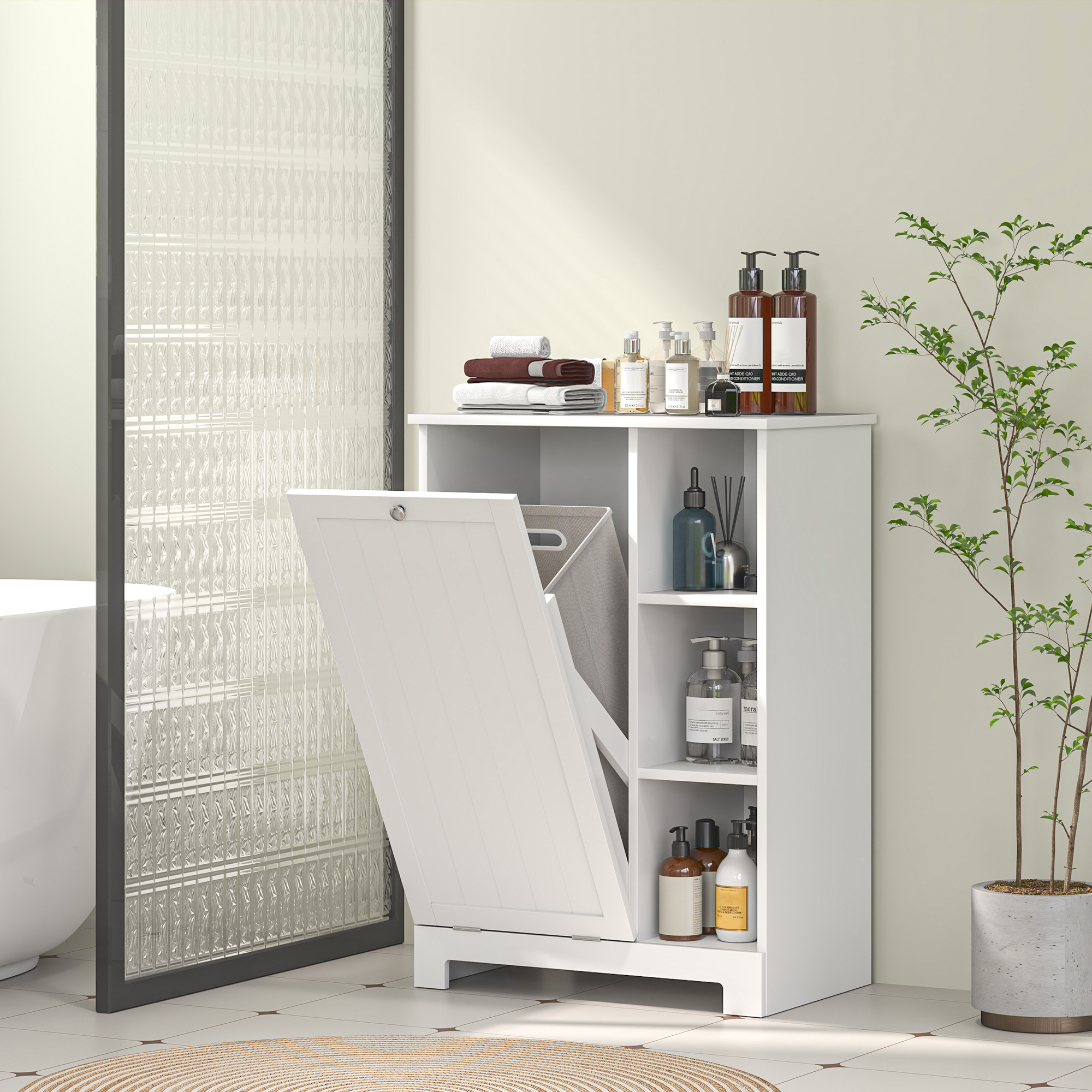 Badezimmerschrank Mit Wäschekorb, Herausnehmbarem Korb, Verstellbarem Einlegeboden Und Fächern, 60 X 38 X 86 Cm, Weiß