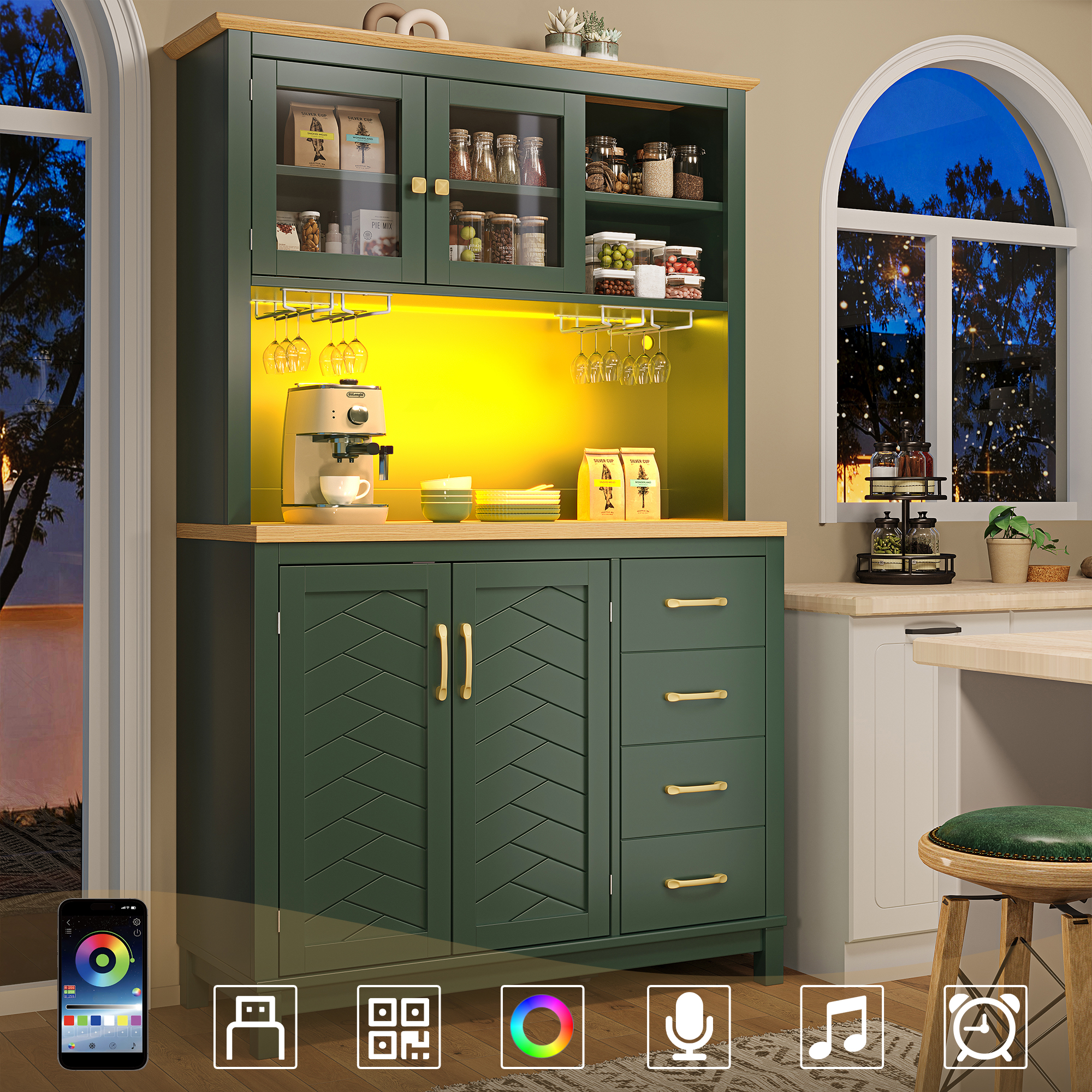 Seitenboard / Aufbewahrungsschrank / Küchenschrank / Buffetschrank, 105.5×40×180 Cm, Landhausstil, 4 Türen, Mit Led-lichtleiste & Getränkehaltern, Grün/schwarz/weiß – Produktabmessungen Das Buffet Ist